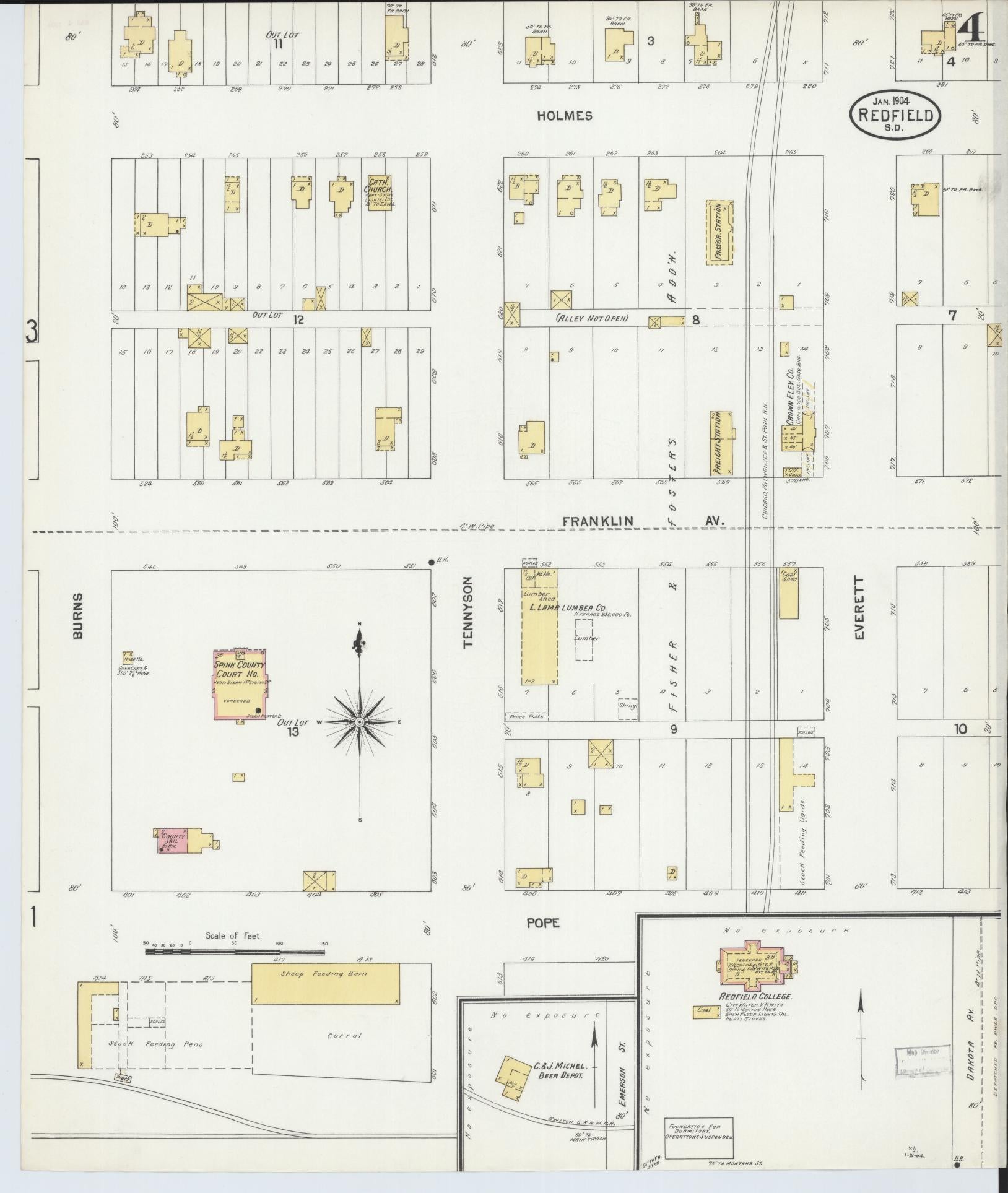 Sanborn Fire Insurance Map from Redfield, Spink County, South Dakota (1904), Sheet #0004 - Historic Sanborn Fire Insurance Map Print, vintage old map wall art, antique decor, genealogy gift, South Dakota South Dakota map