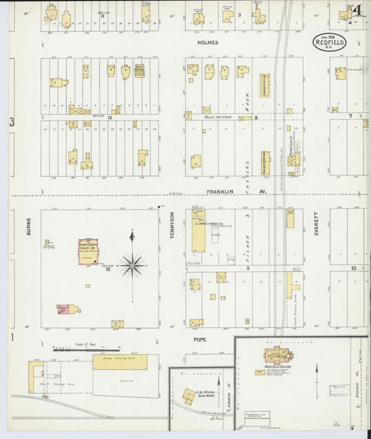 Sanborn Fire Insurance Map from Redfield, Spink County, South Dakota (1904), Sheet #0004 - Historic Sanborn Fire Insurance Map Print, vintage old map wall art, antique decor, genealogy gift, South Dakota South Dakota map