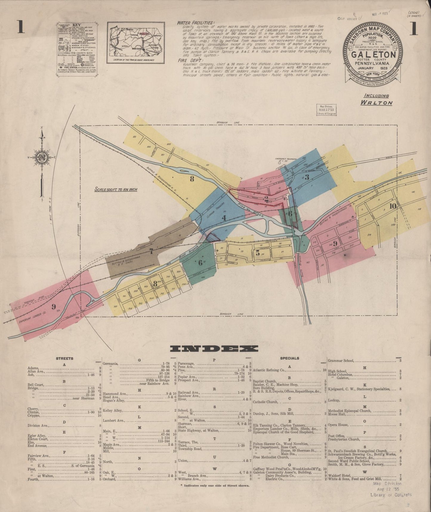 Sanborn Fire Insurance Map from Galeton, Potter County, Pennsylvania (1923), Sheet #0001 - Historic Sanborn Fire Insurance Map Print, vintage old map wall art, antique decor, genealogy gift, Pennsylvania Pennsylvania map