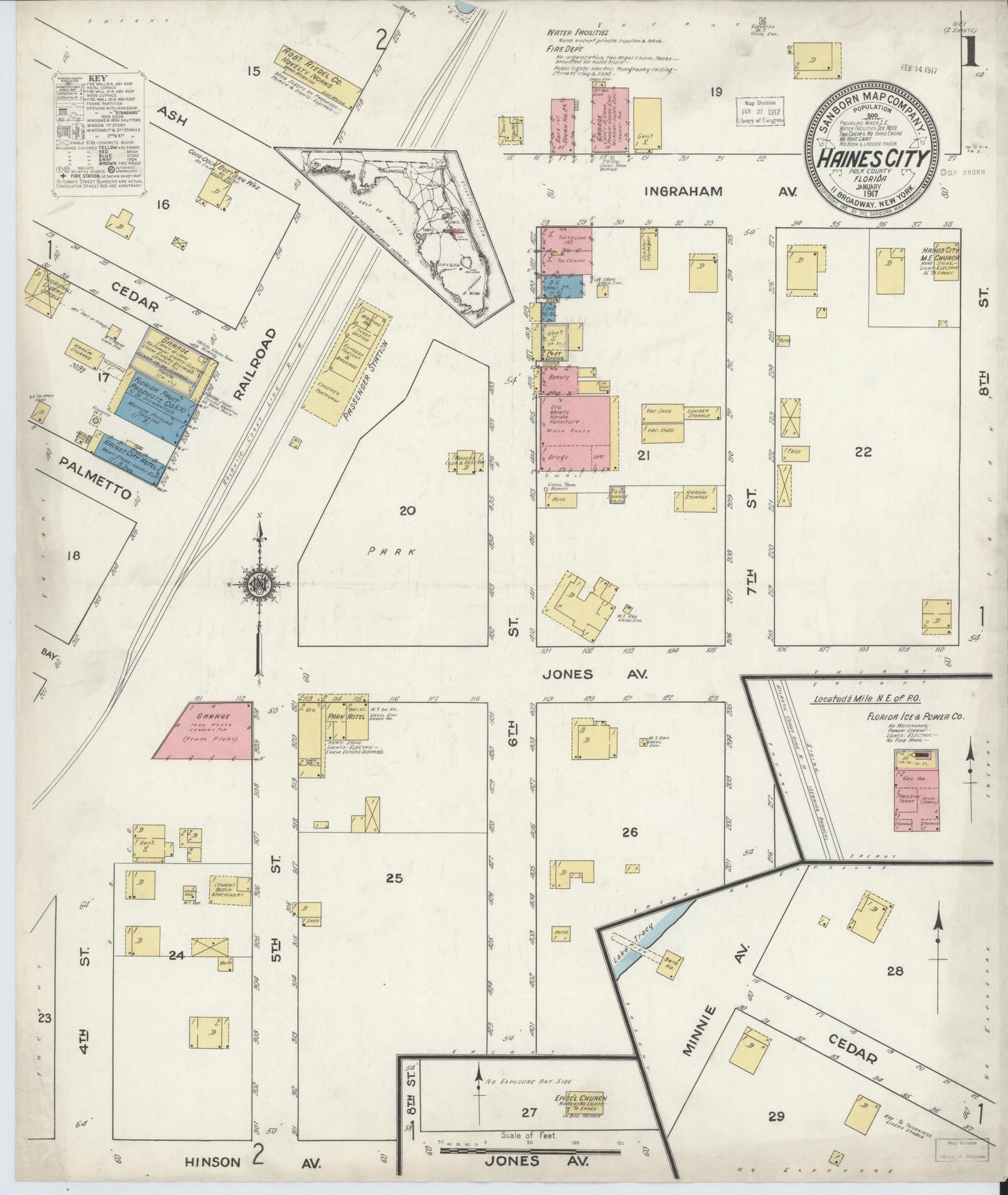 Sanborn Fire Insurance Map from Haines City, Polk County, Florida (1917), Sheet #0001 - Historic Sanborn Fire Insurance Map Print, vintage old map wall art, antique decor, genealogy gift, Florida Florida map
