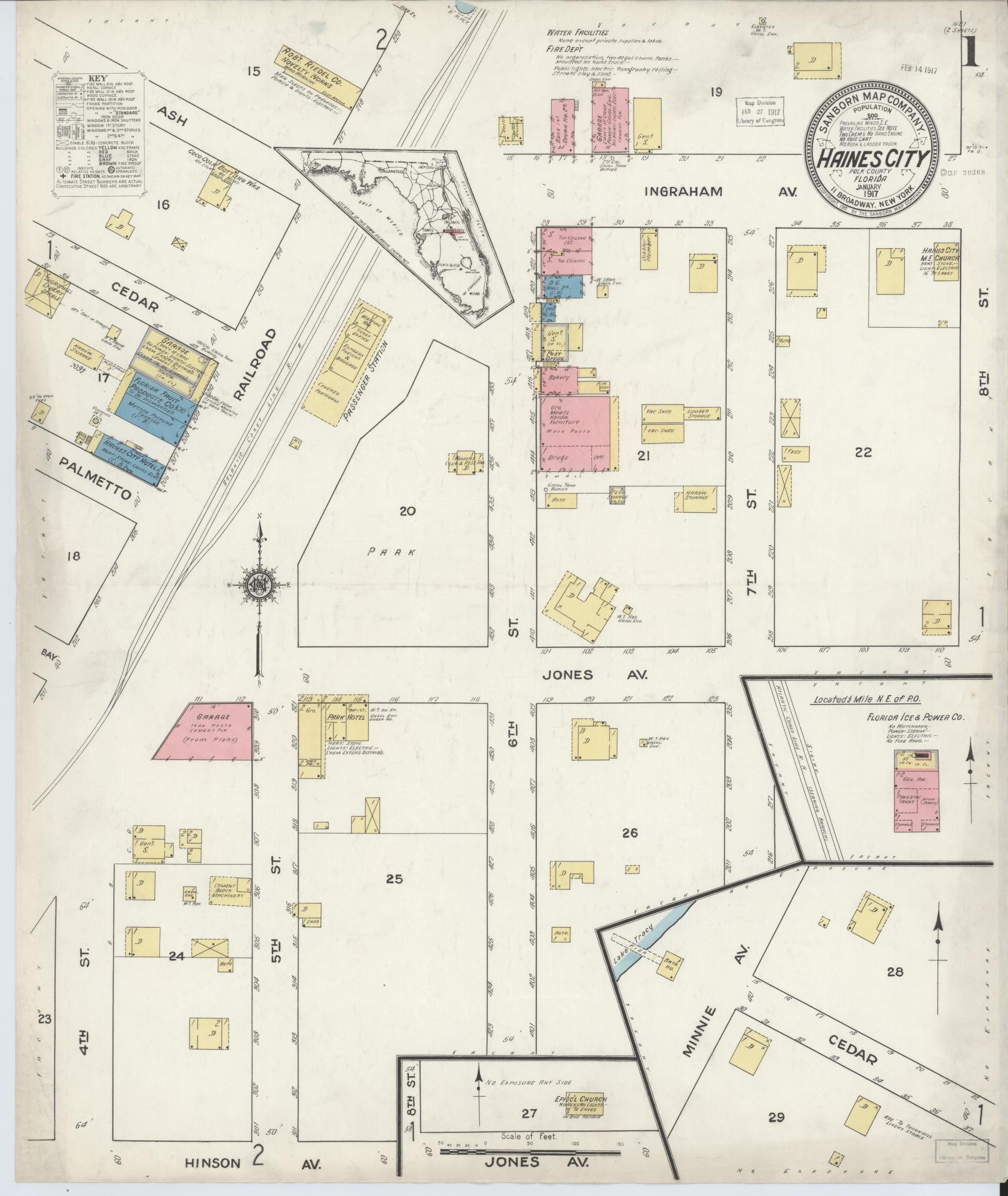 Sanborn Fire Insurance Map from Haines City, Polk County, Florida (1917), Sheet #0001 - Historic Sanborn Fire Insurance Map Print, vintage old map wall art, antique decor, genealogy gift, Florida Florida map