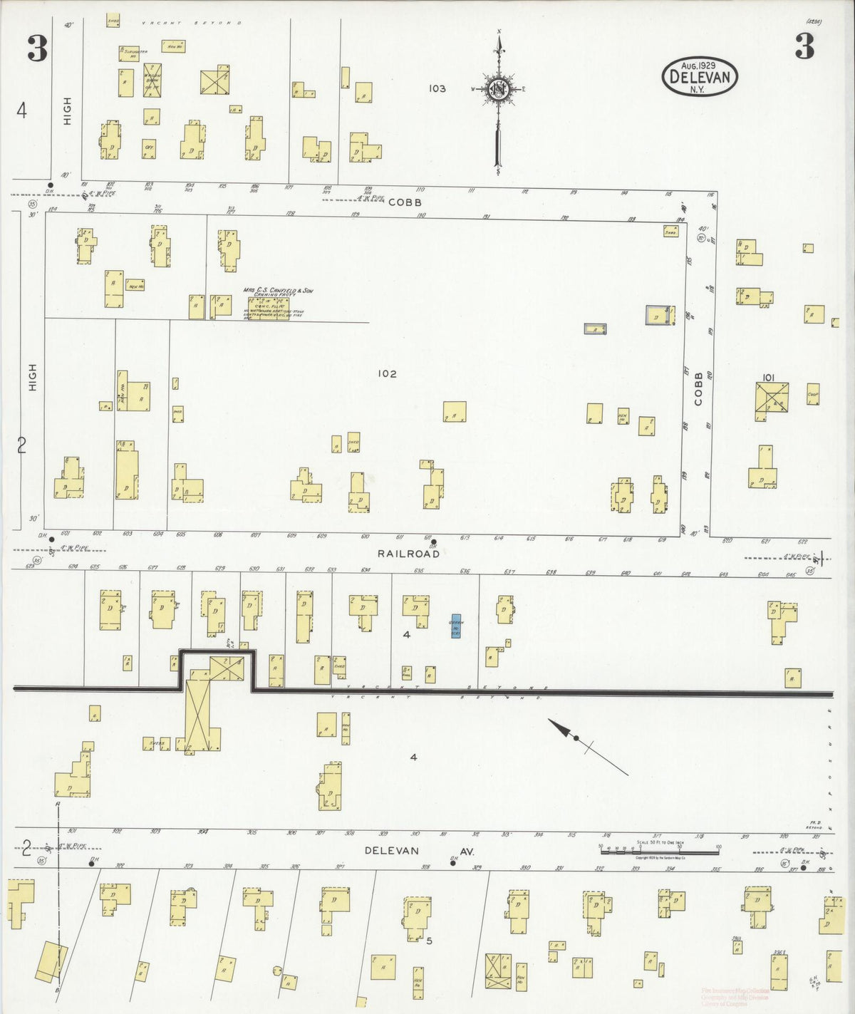 Sanborn Fire Insurance Map from Delevan, Cattaraugus County, New York (1929), Sheet #0003 - Historic Sanborn Fire Insurance Map Print, vintage old map wall art, antique decor, genealogy gift, New York New York map