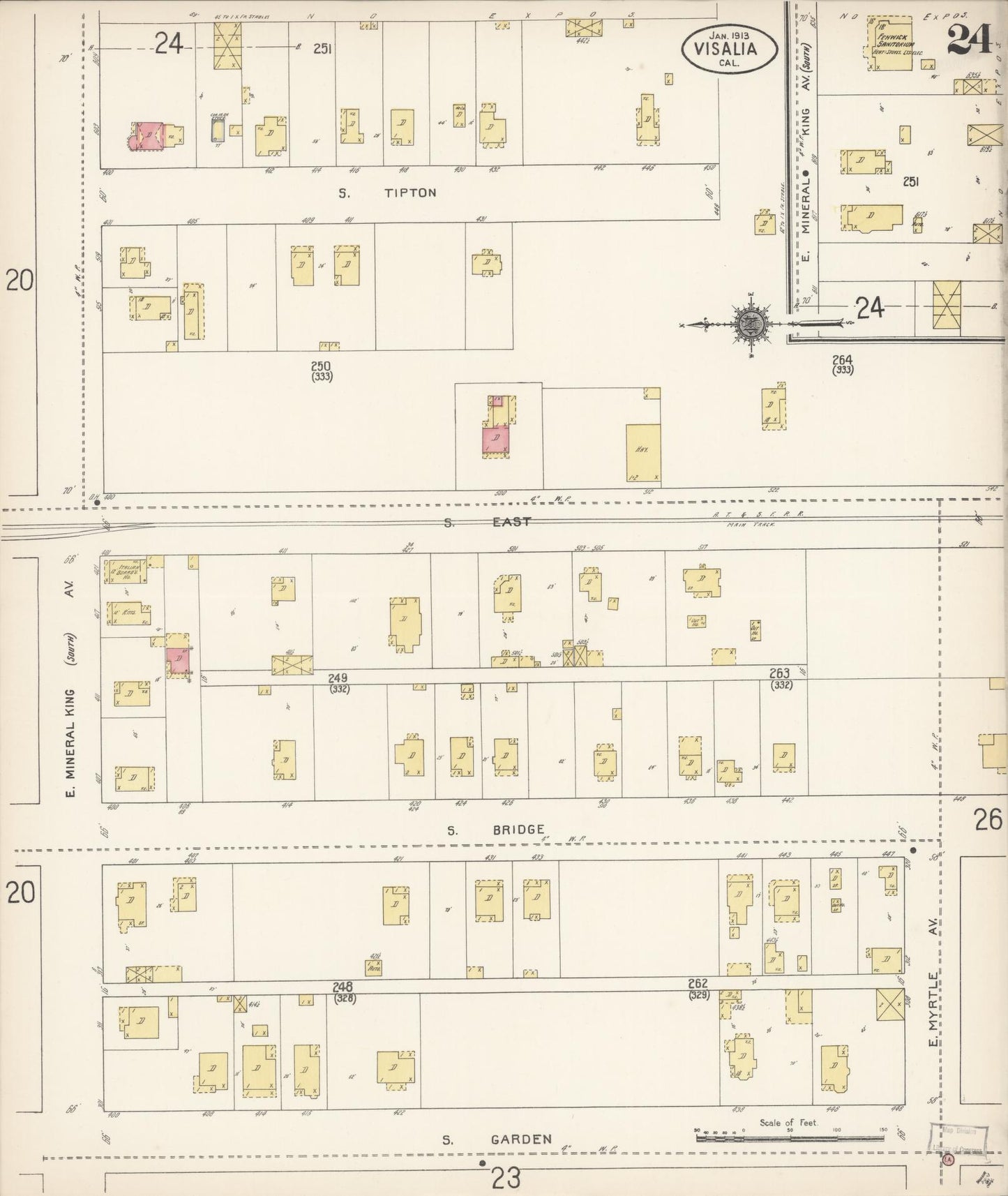 Sanborn Fire Insurance Map from Visalia, Tulare County, California (1913), Sheet #0024 - Complete Map Set gallery image, historic Sanborn map, vintage wall art, California California