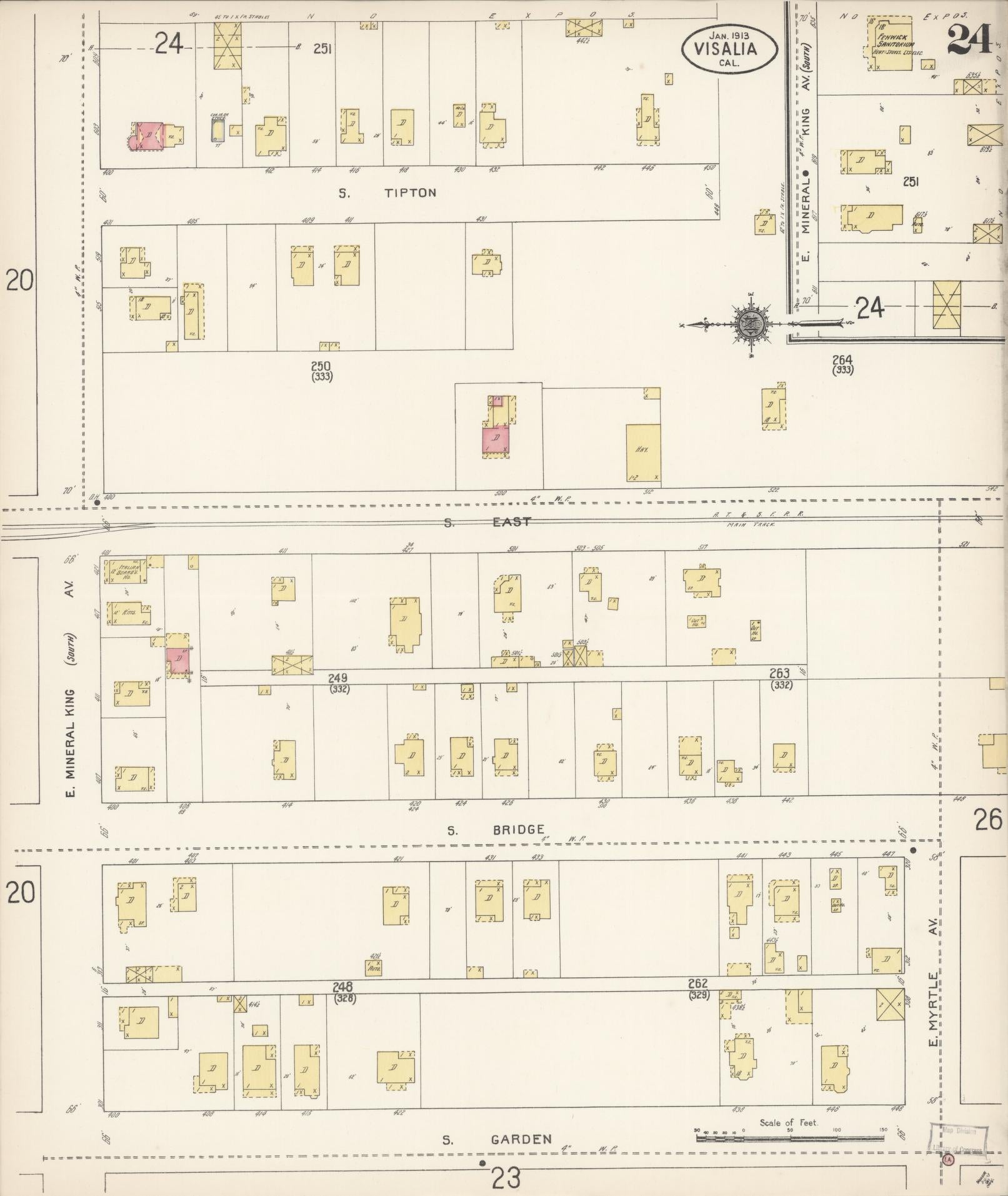 Sanborn Fire Insurance Map from Visalia, Tulare County, California (1913), Sheet #0024 - Complete Map Set gallery image, historic Sanborn map, vintage wall art, California California