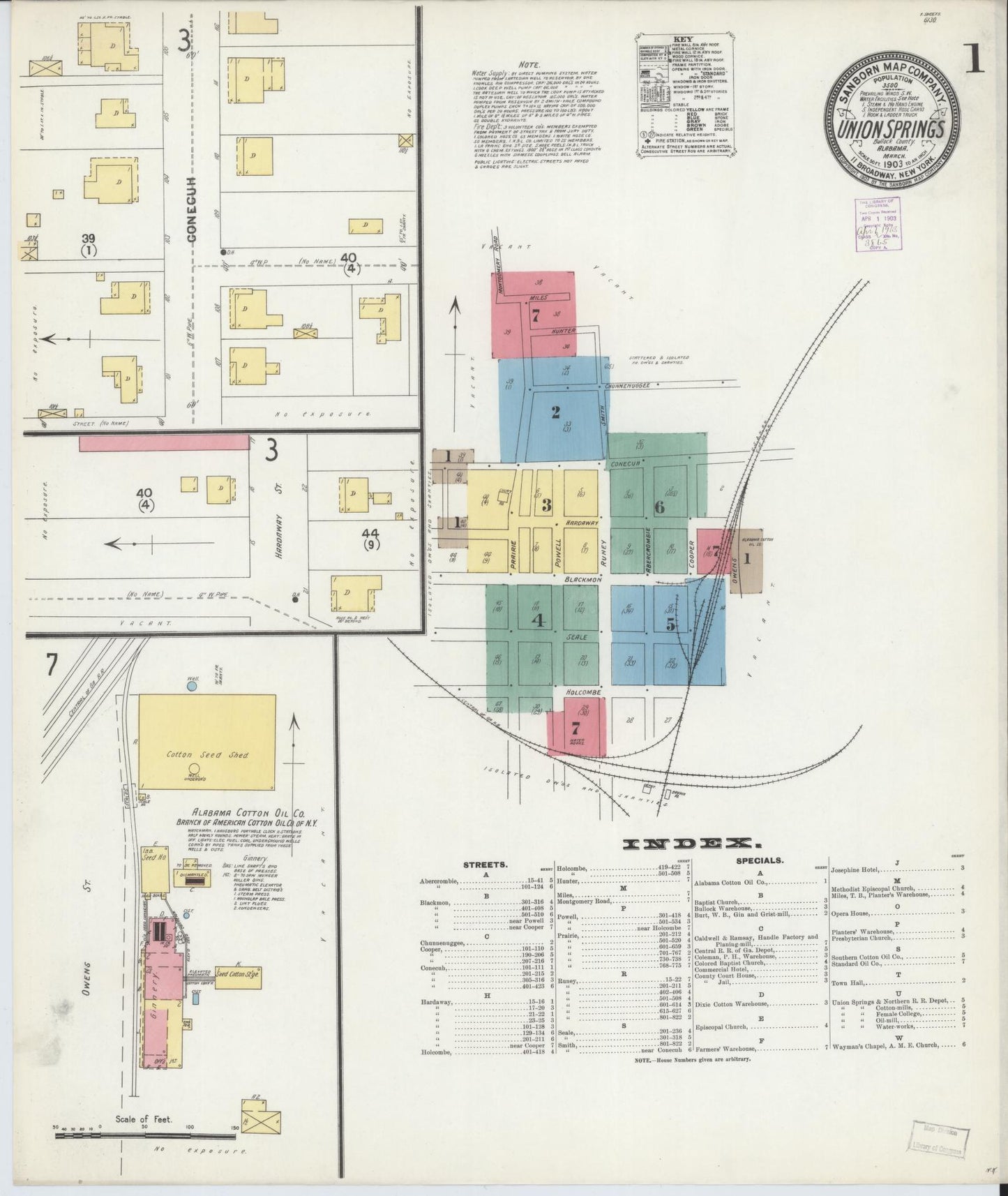 Sanborn Fire Insurance Map from Union Springs, Bullock County, Alabama (1903), Sheet #0001 - Complete Map Set gallery image, historic Sanborn map, vintage wall art, Alabama Alabama