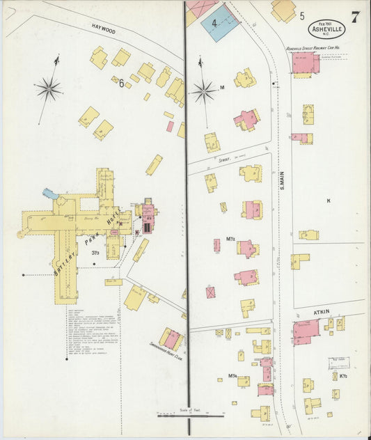 Sanborn Fire Insurance Map from Asheville, Buncombe County, North Carolina (1901), Sheet #0007 - Historic Sanborn Fire Insurance Map Print, vintage old map wall art, antique decor, genealogy gift, North Carolina North Carolina map