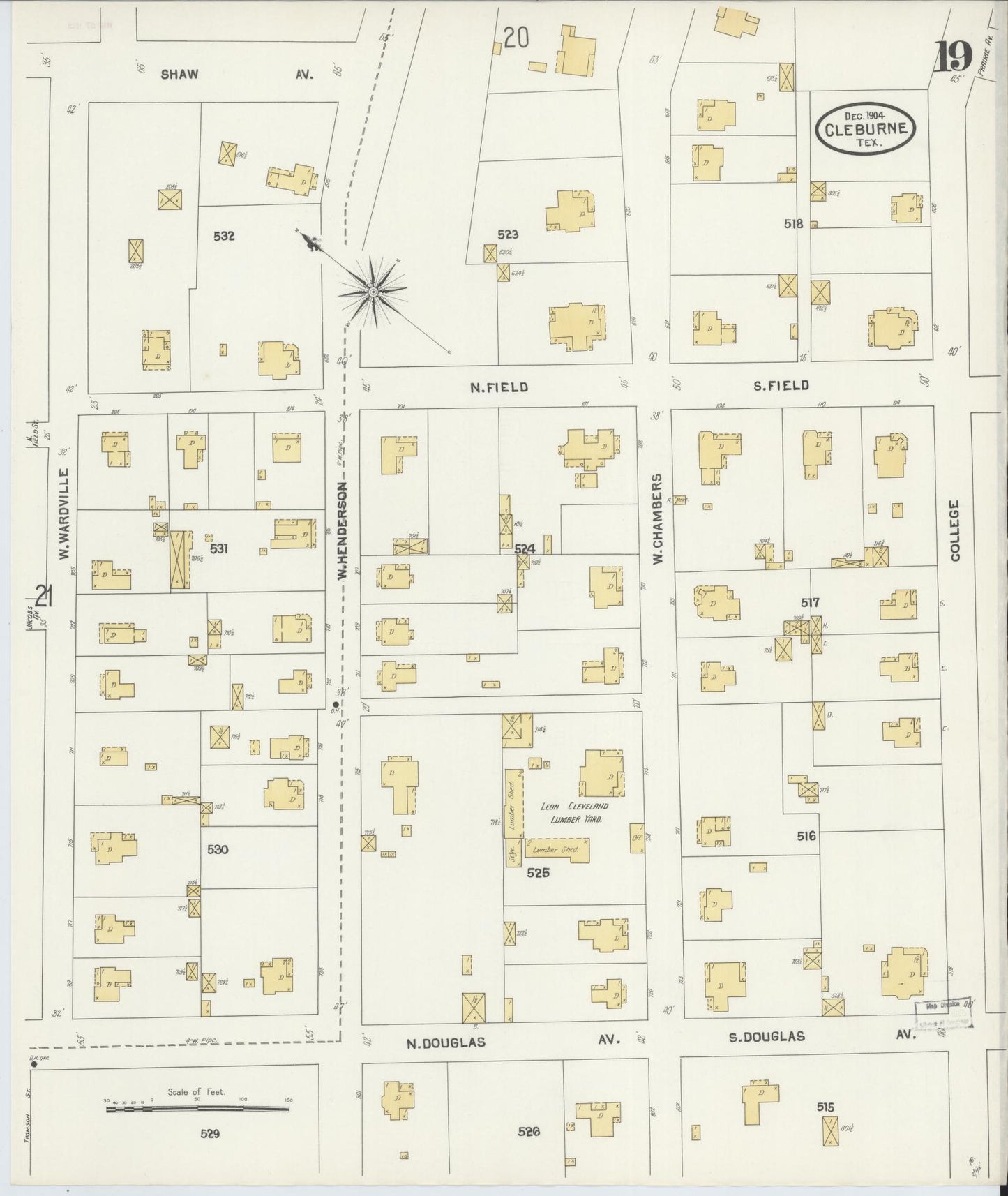 Sanborn Fire Insurance Map from Cleburne, Johnson County, Texas (1904), Sheet #0019 - Historic Sanborn Fire Insurance Map Print, vintage old map wall art, antique decor, genealogy gift, Texas Texas map