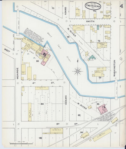 Sanborn Fire Insurance Map from Two Rivers, Manitowoc County, Wisconsin (1891), Sheet #0004 - Historic Sanborn Fire Insurance Map Print, vintage old map wall art, antique decor, genealogy gift, Wisconsin Wisconsin map