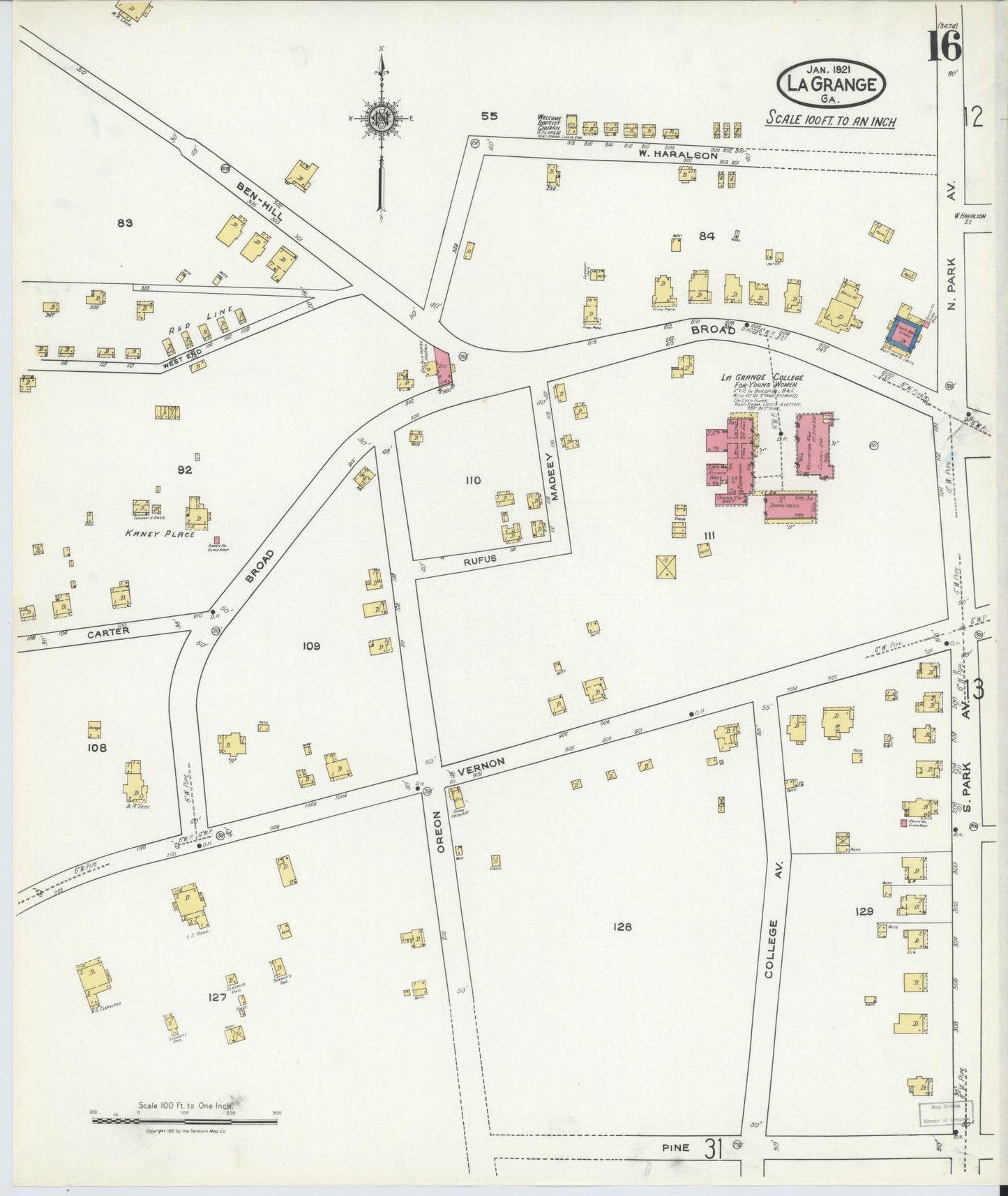 Sanborn Fire Insurance Map from La Grange, Troup County, Georgia (1921), Sheet #0016 - Historic Sanborn Fire Insurance Map Print, vintage old map wall art, antique decor, genealogy gift, Georgia Georgia map