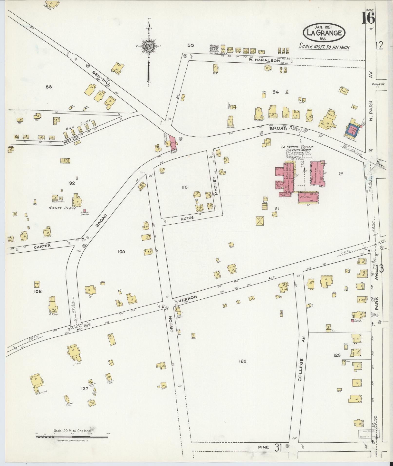 Sanborn Fire Insurance Map from La Grange, Troup County, Georgia (1921), Sheet #0016 - Historic Sanborn Fire Insurance Map Print, vintage old map wall art, antique decor, genealogy gift, Georgia Georgia map
