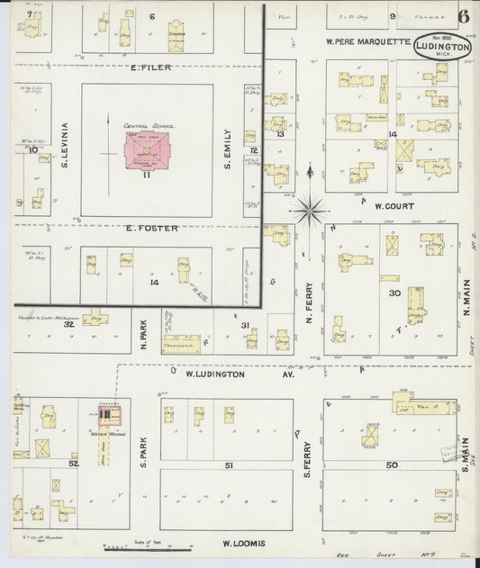 Sanborn Fire Insurance Map from Ludington, Mason County, Michigan (1890), Sheet #0006 - Historic Sanborn Fire Insurance Map Print, vintage old map wall art, antique decor, genealogy gift, Michigan Michigan map