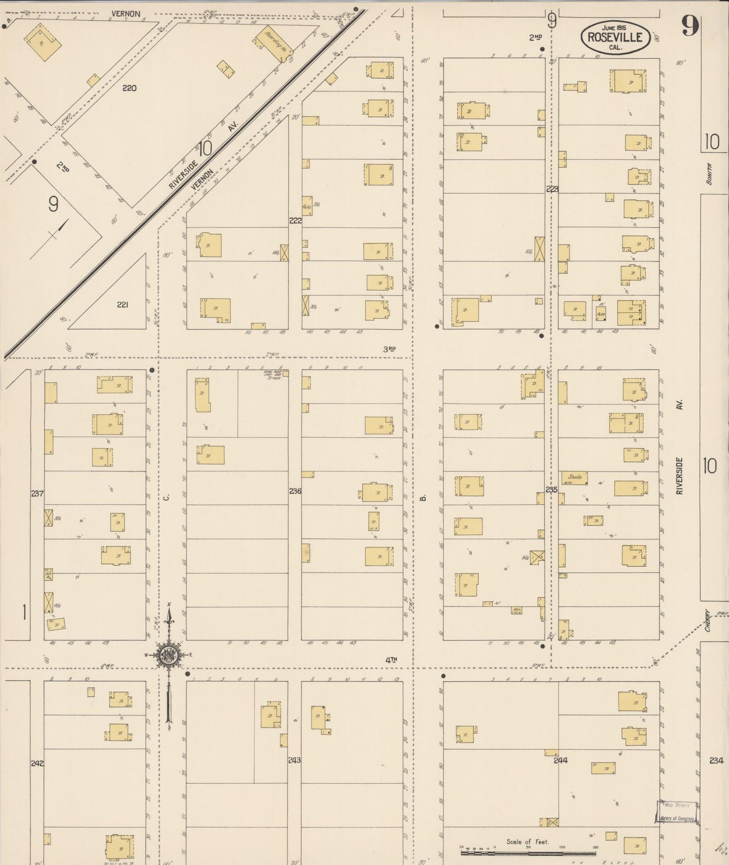 Sanborn Fire Insurance Map from Roseville, Placer County, California (1915), Sheet #0009 - Complete Map Set gallery image, historic Sanborn map, vintage wall art, California California