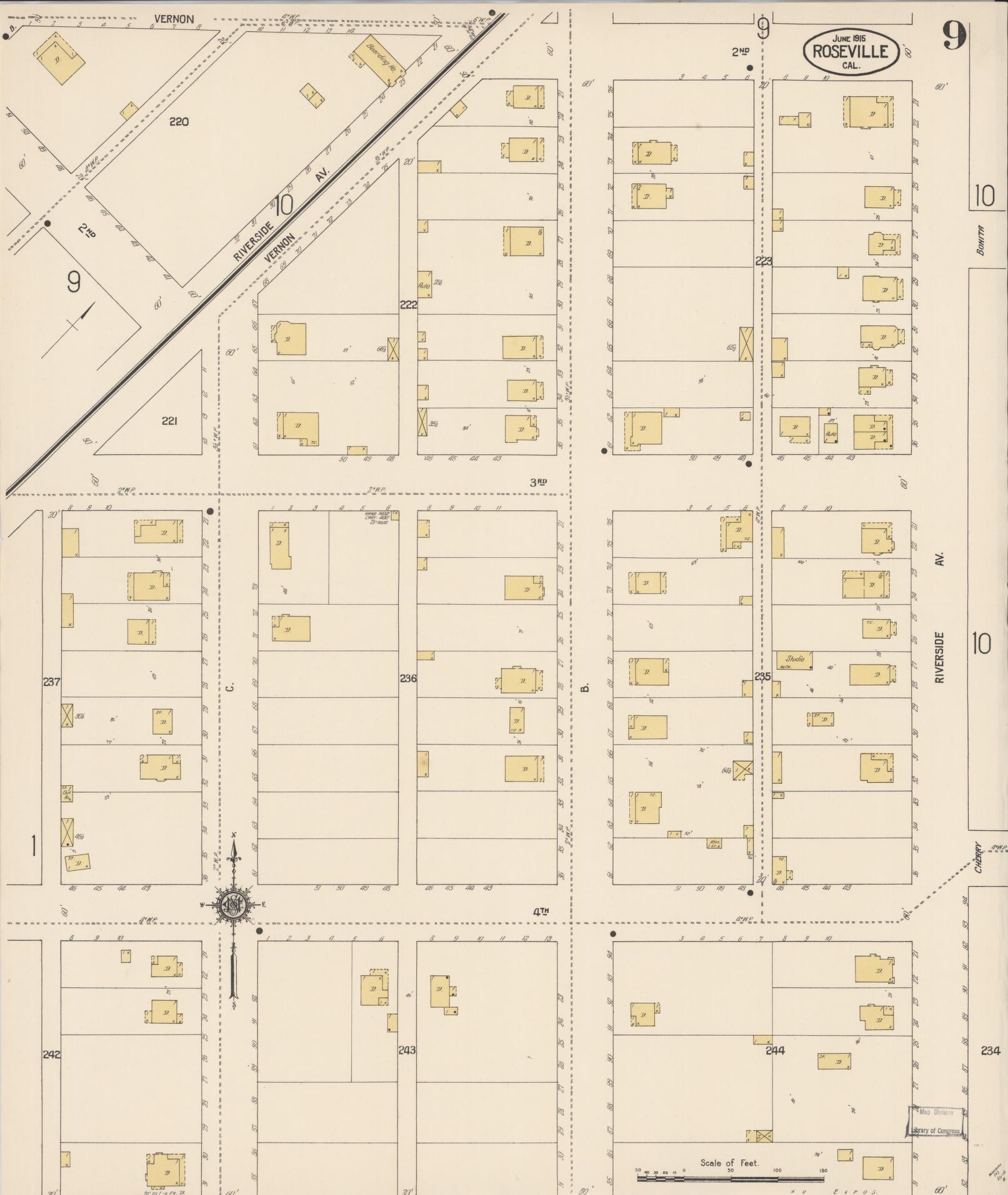 Sanborn Fire Insurance Map from Roseville, Placer County, California (1915), Sheet #0009 - Complete Map Set gallery image, historic Sanborn map, vintage wall art, California California