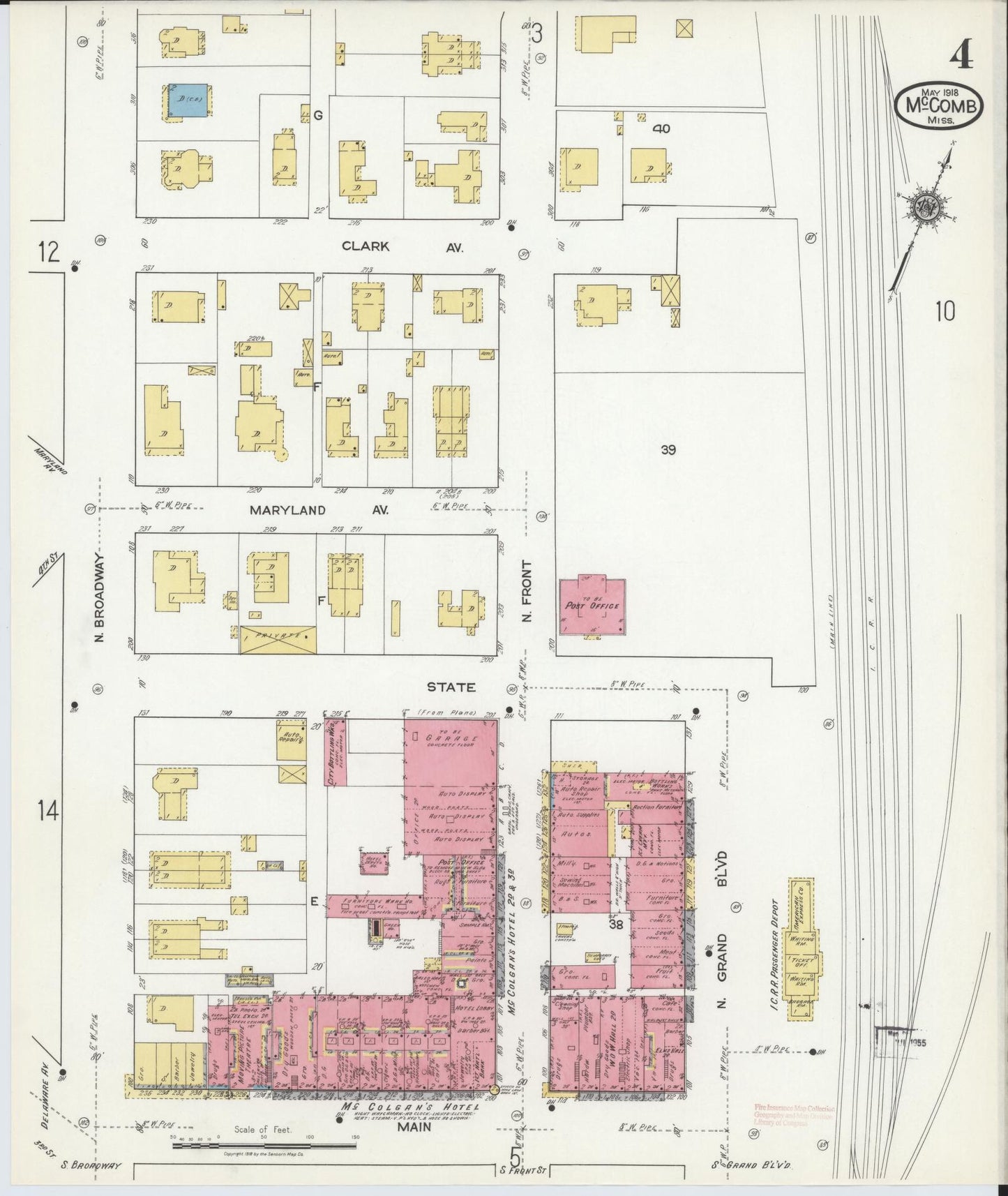 Sanborn Fire Insurance Map from McComb, Pike County, Mississippi (1918), Sheet #0004 - Historic Sanborn Fire Insurance Map Print, vintage old map wall art, antique decor, genealogy gift, Mississippi Mississippi map