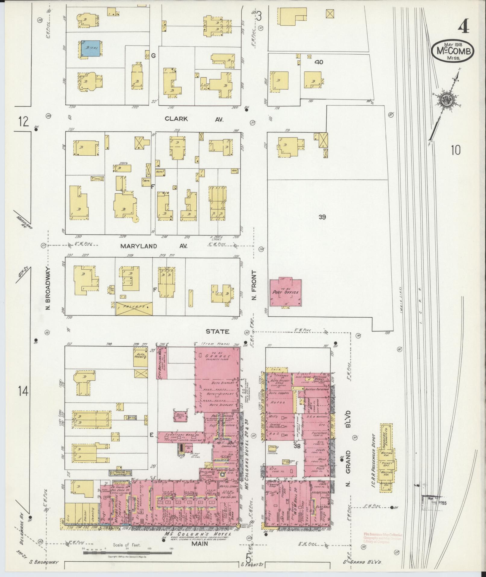 Sanborn Fire Insurance Map from McComb, Pike County, Mississippi (1918), Sheet #0004 - Historic Sanborn Fire Insurance Map Print, vintage old map wall art, antique decor, genealogy gift, Mississippi Mississippi map