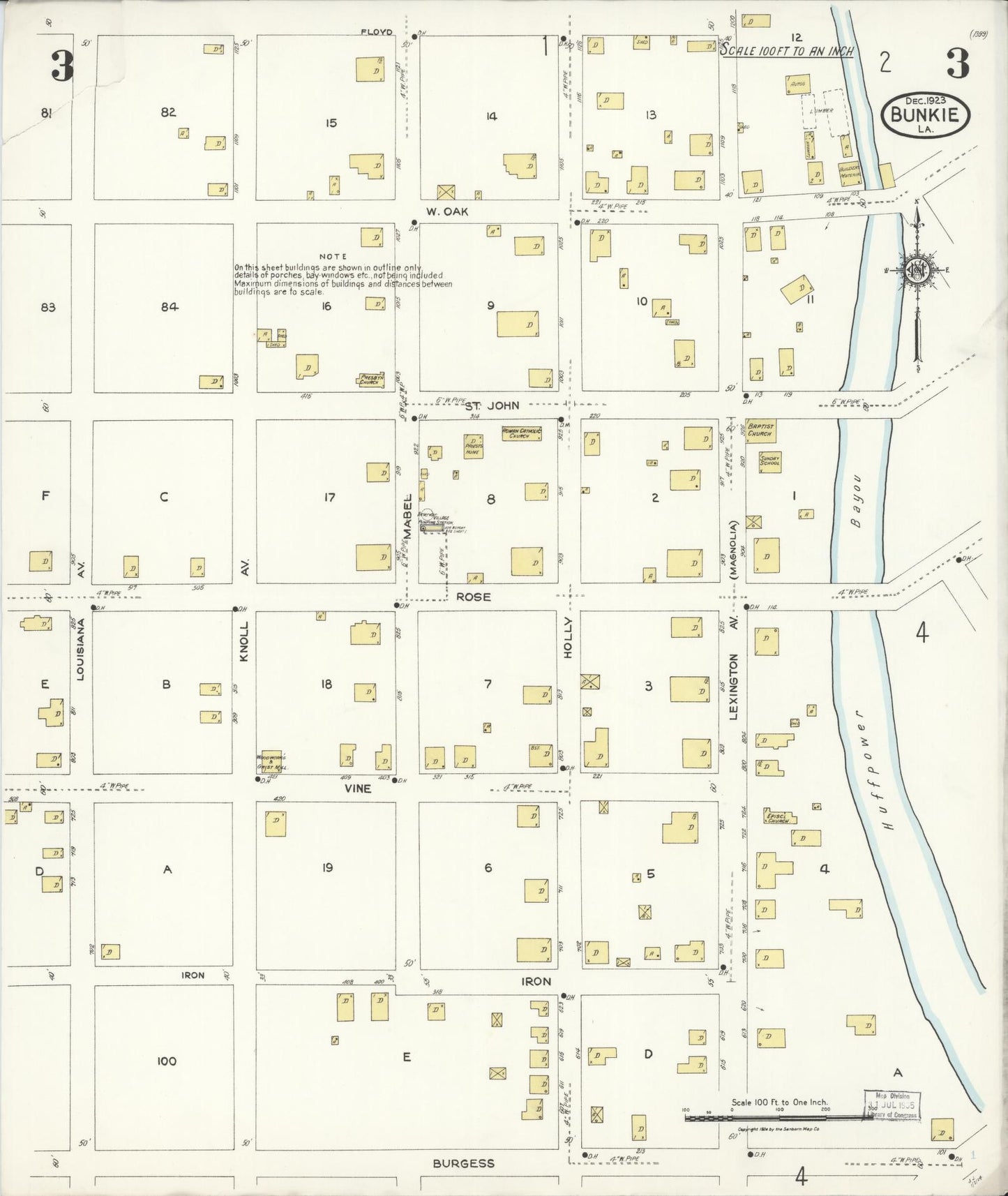Sanborn Fire Insurance Map from Bunkie, Avoyelles Parish, Louisiana (1923), Sheet #0003 - Historic Sanborn Fire Insurance Map Print, vintage old map wall art, antique decor, genealogy gift, Louisiana Louisiana map