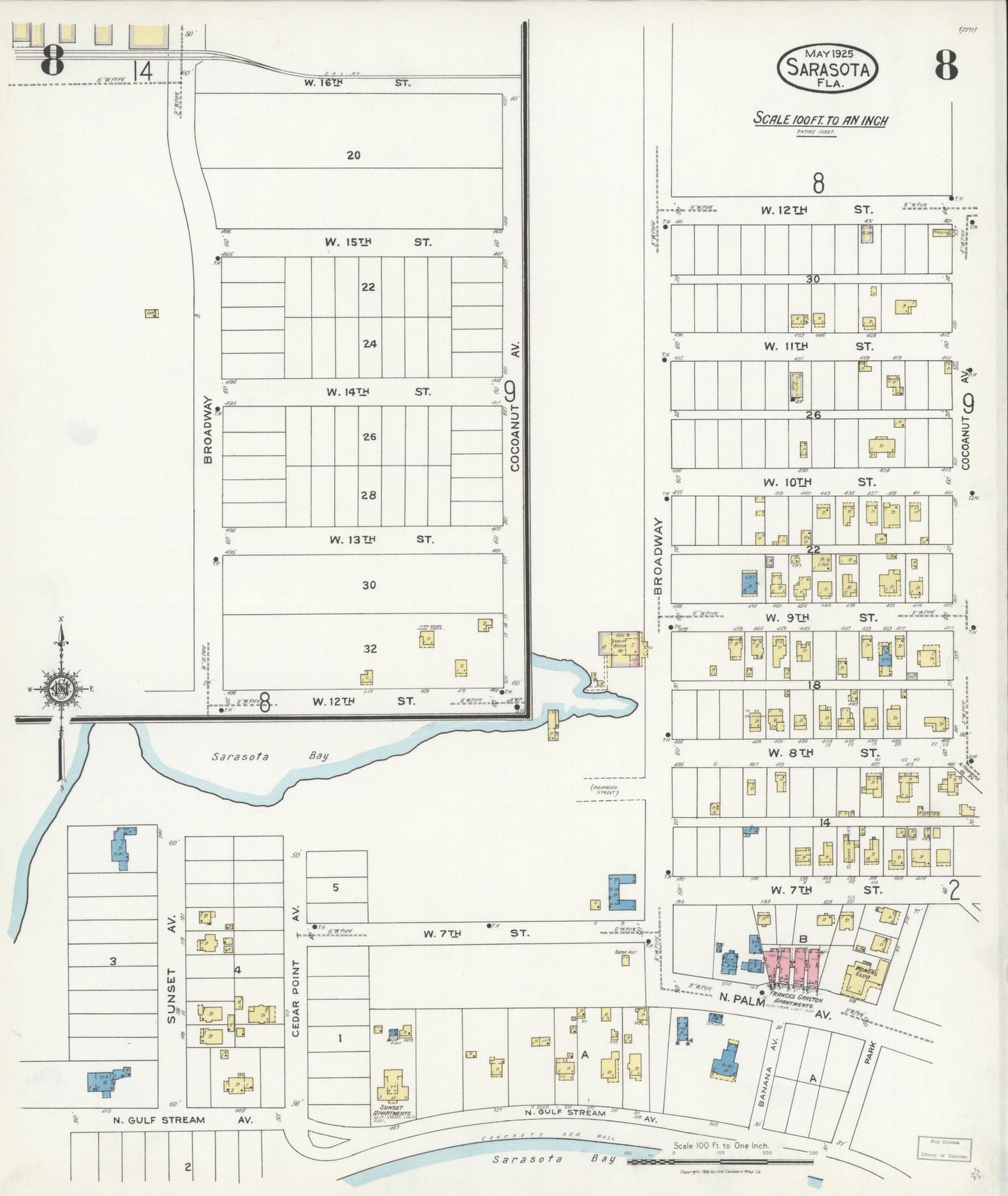 Sanborn Fire Insurance Map from Sarasota, Sarasota County, Florida (1925), Sheet #0008 - Complete Map Set gallery image, historic Sanborn map, vintage wall art, Florida Florida