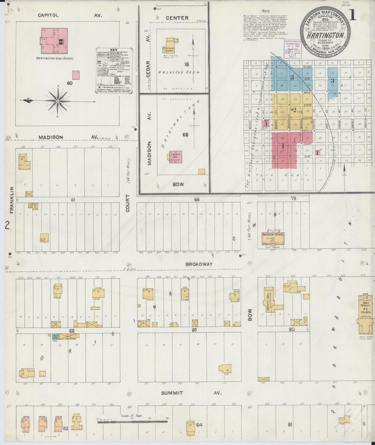 Sanborn Fire Insurance Map from Hartington, Cedar County, Nebraska (1904), Sheet #0001 - Historic Sanborn Fire Insurance Map Print, vintage old map wall art, antique decor, genealogy gift, Nebraska Nebraska map
