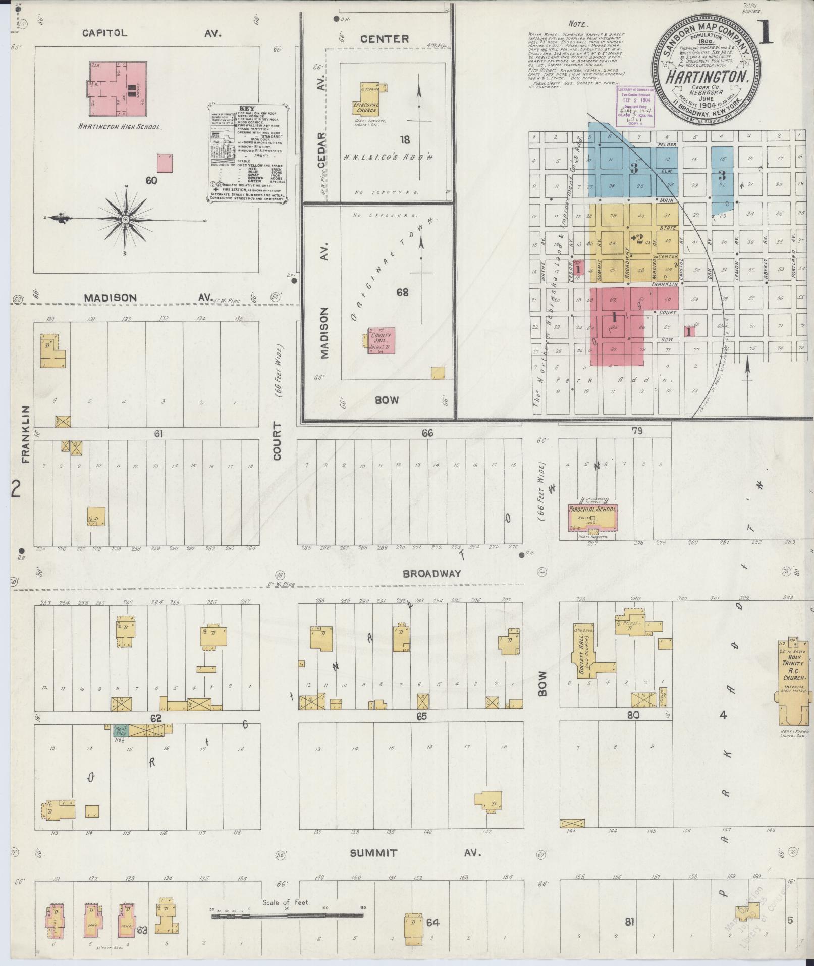 Sanborn Fire Insurance Map from Hartington, Cedar County, Nebraska (1904), Sheet #0001 - Historic Sanborn Fire Insurance Map Print, vintage old map wall art, antique decor, genealogy gift, Nebraska Nebraska map