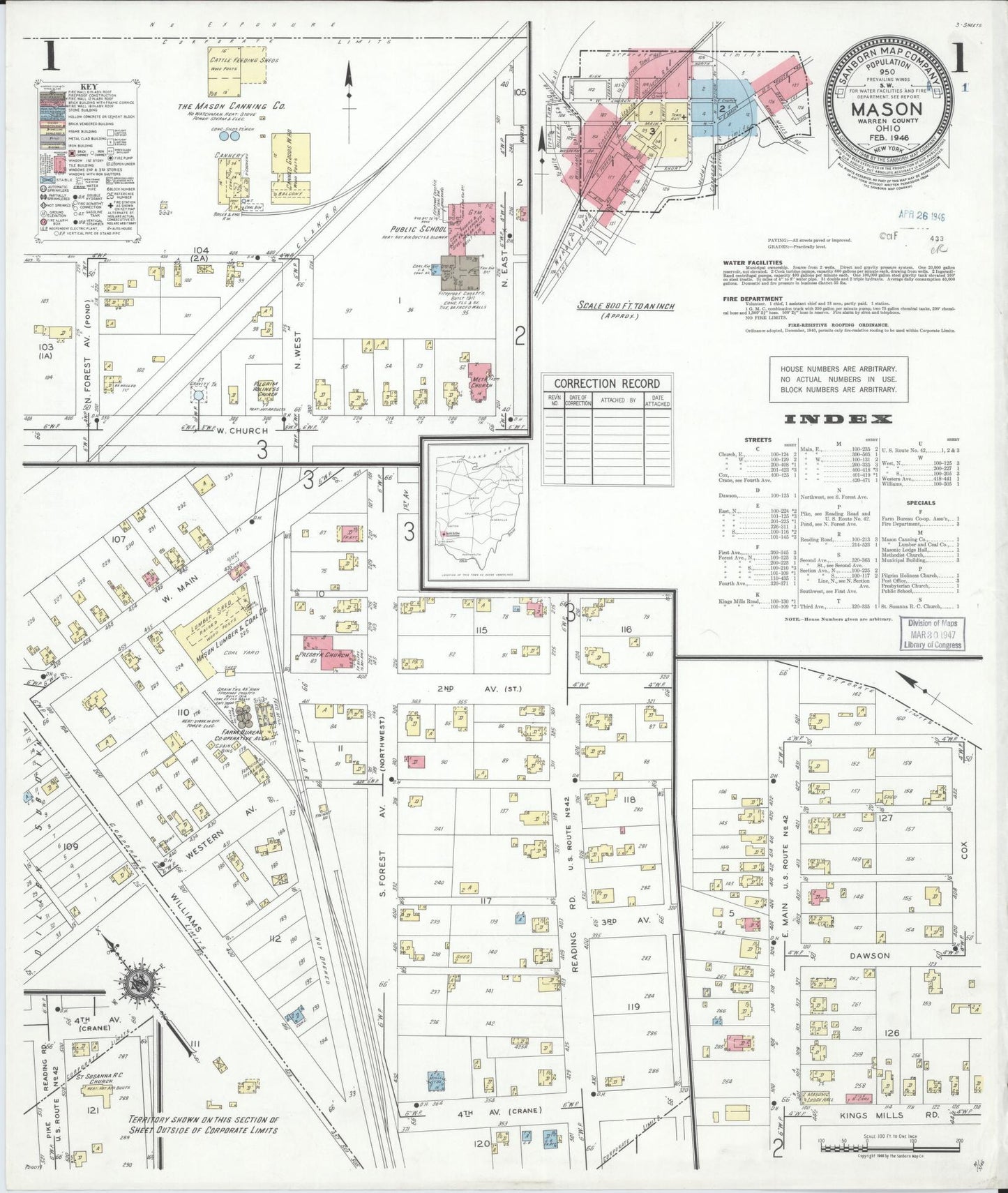 Sanborn Fire Insurance Map from Mason, Warren County, Ohio (1946), Sheet #0001 - Complete Map Set gallery image, historic Sanborn map, vintage wall art, Ohio Ohio