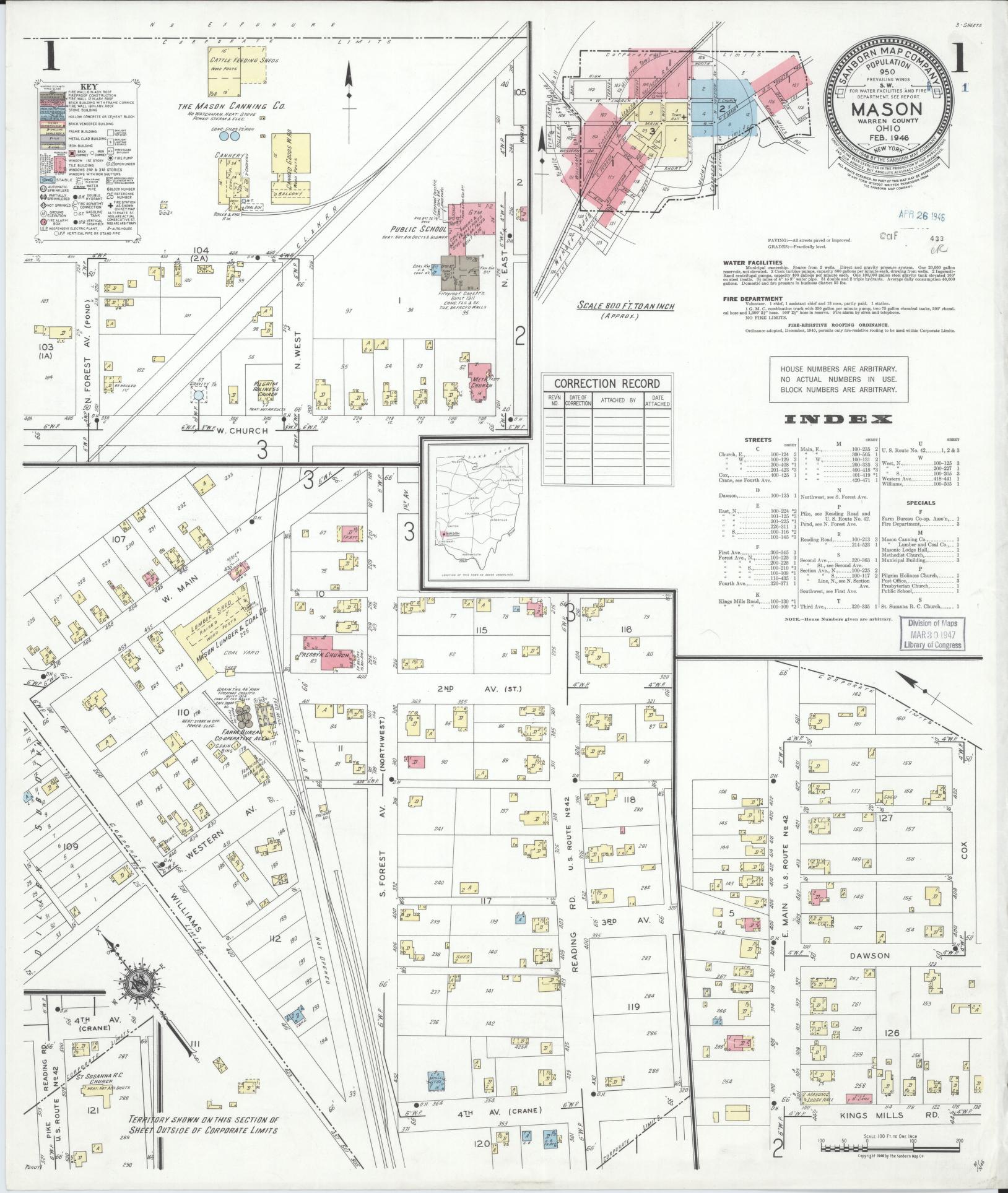 Sanborn Fire Insurance Map from Mason, Warren County, Ohio (1946), Sheet #0001 - Complete Map Set gallery image, historic Sanborn map, vintage wall art, Ohio Ohio