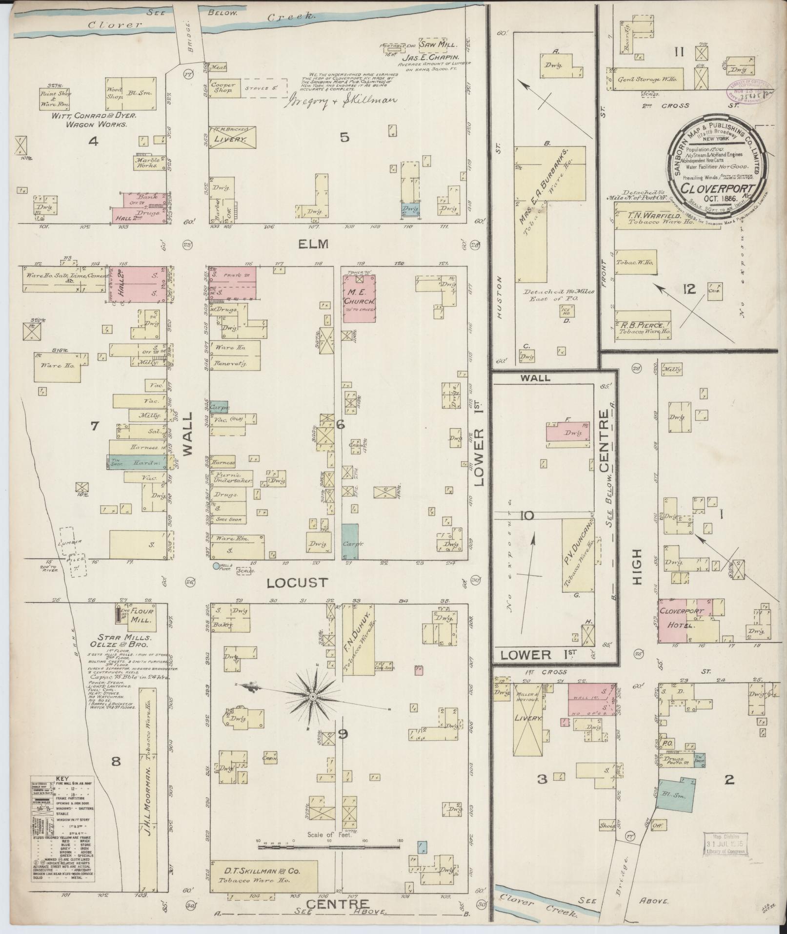 Sanborn Fire Insurance Map from Cloverport, Breckinridge County, Kentucky (1886), Sheet #0001 - Historic Sanborn Fire Insurance Map Print, vintage old map wall art, antique decor, genealogy gift, Kentucky Kentucky map