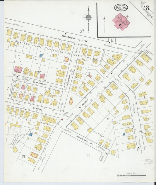 Sanborn Fire Insurance Map from Pontiac, Oakland County, Michigan (1919), Sheet #0008 - Historic Sanborn Fire Insurance Map Print, vintage old map wall art, antique decor, genealogy gift, Michigan Michigan map