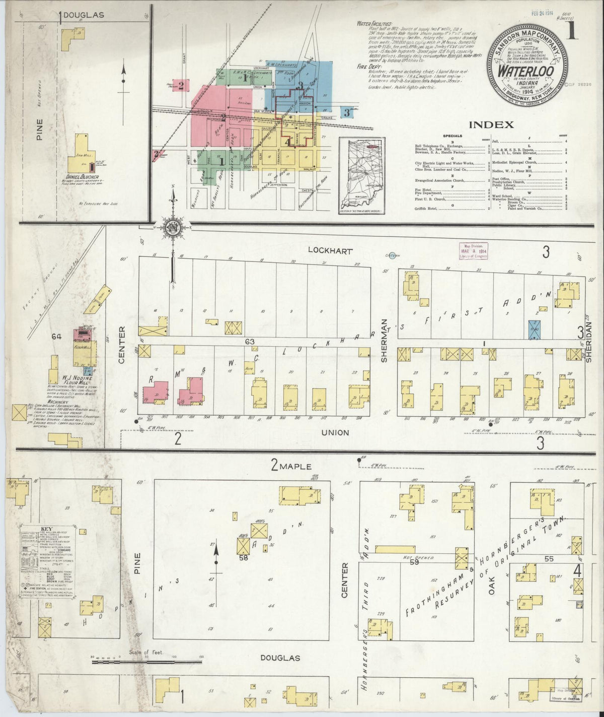 Sanborn Fire Insurance Map from Waterloo, De Kalb County, Indiana (1914), Sheet #0001 - Historic Sanborn Fire Insurance Map Print, vintage old map wall art, antique decor, genealogy gift, Indiana Indiana map