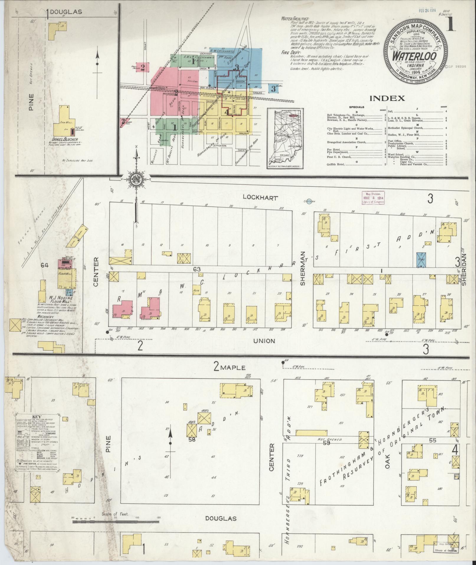 Sanborn Fire Insurance Map from Waterloo, De Kalb County, Indiana (1914), Sheet #0001 - Historic Sanborn Fire Insurance Map Print, vintage old map wall art, antique decor, genealogy gift, Indiana Indiana map