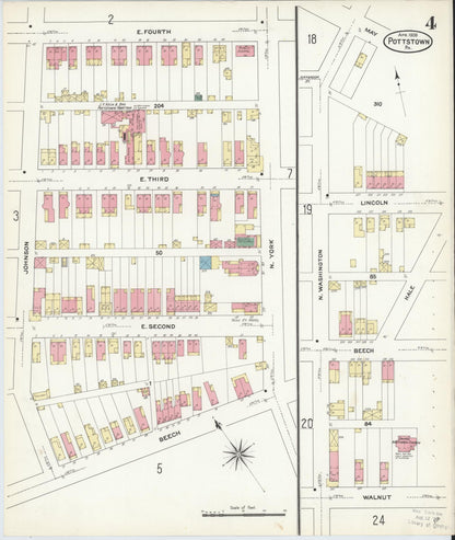 Sanborn Fire Insurance Map from Pottstown, Montgomery County, Pennsylvania (1909), Sheet #0004 - Historic Sanborn Fire Insurance Map Print, vintage old map wall art, antique decor, genealogy gift, Pennsylvania Pennsylvania map