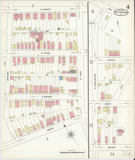 Sanborn Fire Insurance Map from Pottstown, Montgomery County, Pennsylvania (1909), Sheet #0004 - Historic Sanborn Fire Insurance Map Print, vintage old map wall art, antique decor, genealogy gift, Pennsylvania Pennsylvania map