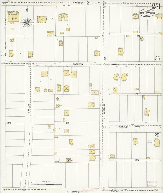 Sanborn Fire Insurance Map from Hollywood, Los Angeles County, California (1907), Sheet #0024 - Historic Sanborn Fire Insurance Map Print, vintage old map wall art, antique decor, genealogy gift, California California map