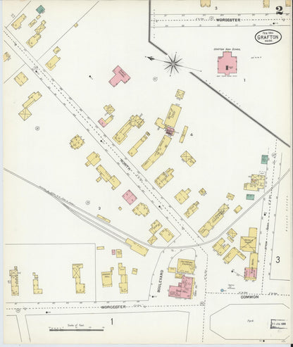 Sanborn Fire Insurance Map from Grafton, Worcester County, Massachusetts (1904), Sheet #0002 - Historic Sanborn Fire Insurance Map Print, vintage old map wall art, antique decor, genealogy gift, Massachusetts Massachusetts map