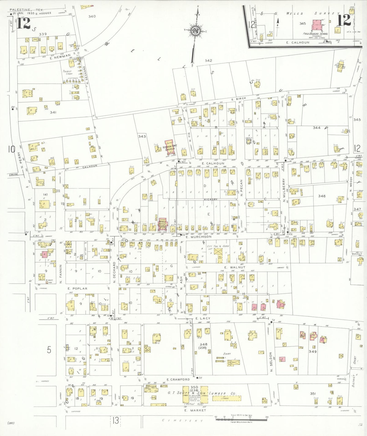 Sanborn Fire Insurance Map from Palestine, Anderson County, Texas (1935), Sheet #0012 - Complete Map Set gallery image, historic Sanborn map, vintage wall art, Texas Texas