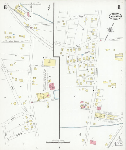 Sanborn Fire Insurance Map from Lexington, Middlesex County, Massachusetts (1927), Sheet #0008 - Historic Sanborn Fire Insurance Map Print, vintage old map wall art, antique decor, genealogy gift, Massachusetts Massachusetts map