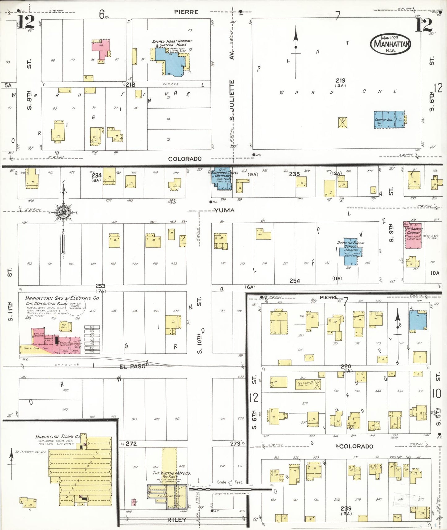 Sanborn Fire Insurance Map from Manhattan, Riley County, Kansas (1923), Sheet #0012 - Complete Map Set gallery image, historic Sanborn map, vintage wall art, Kansas Kansas