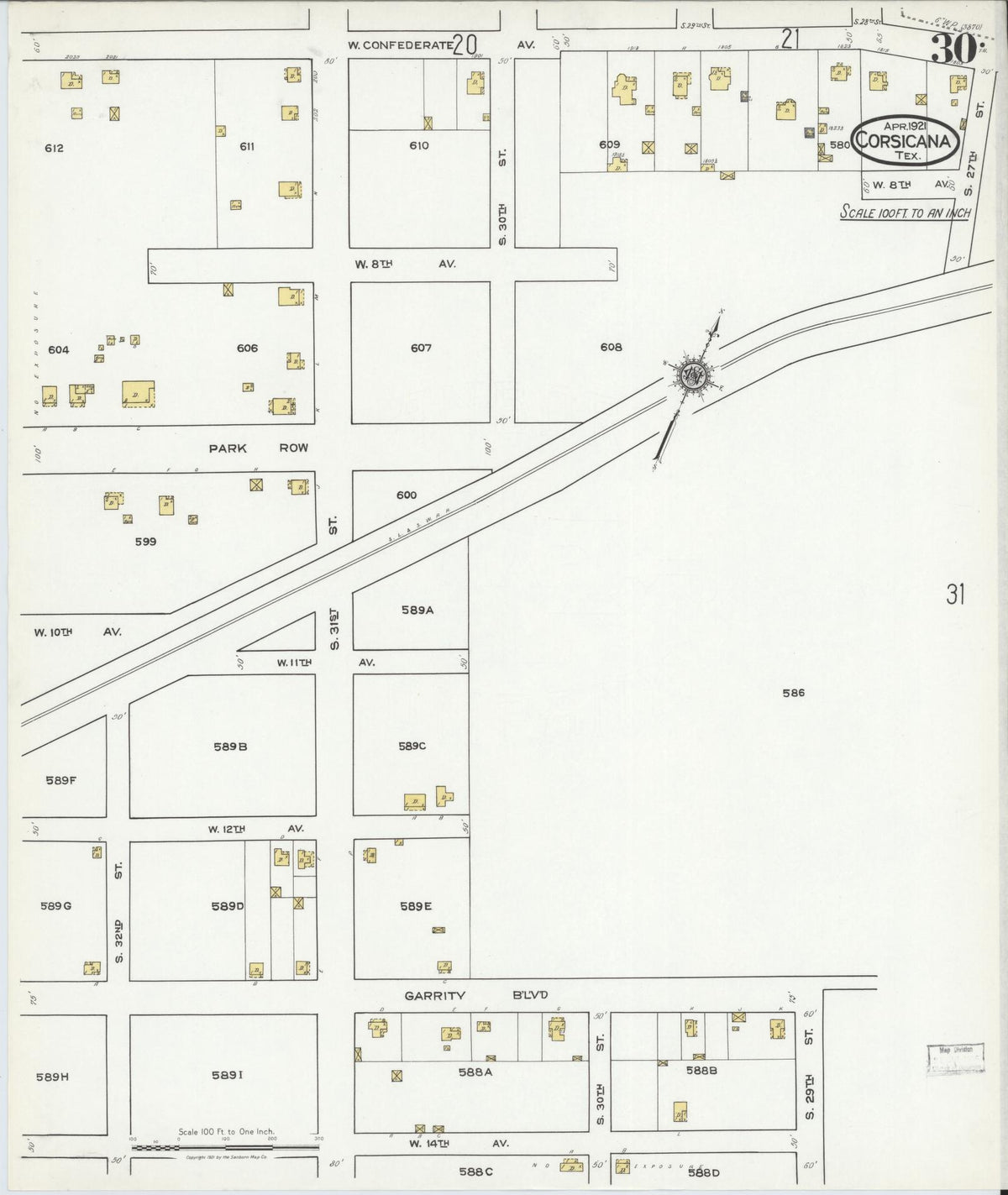 Sanborn Fire Insurance Map from Corsicana, Navarro County, Texas (1921), Sheet #0030 - Complete Map Set gallery image, historic Sanborn map, vintage wall art, Texas Texas