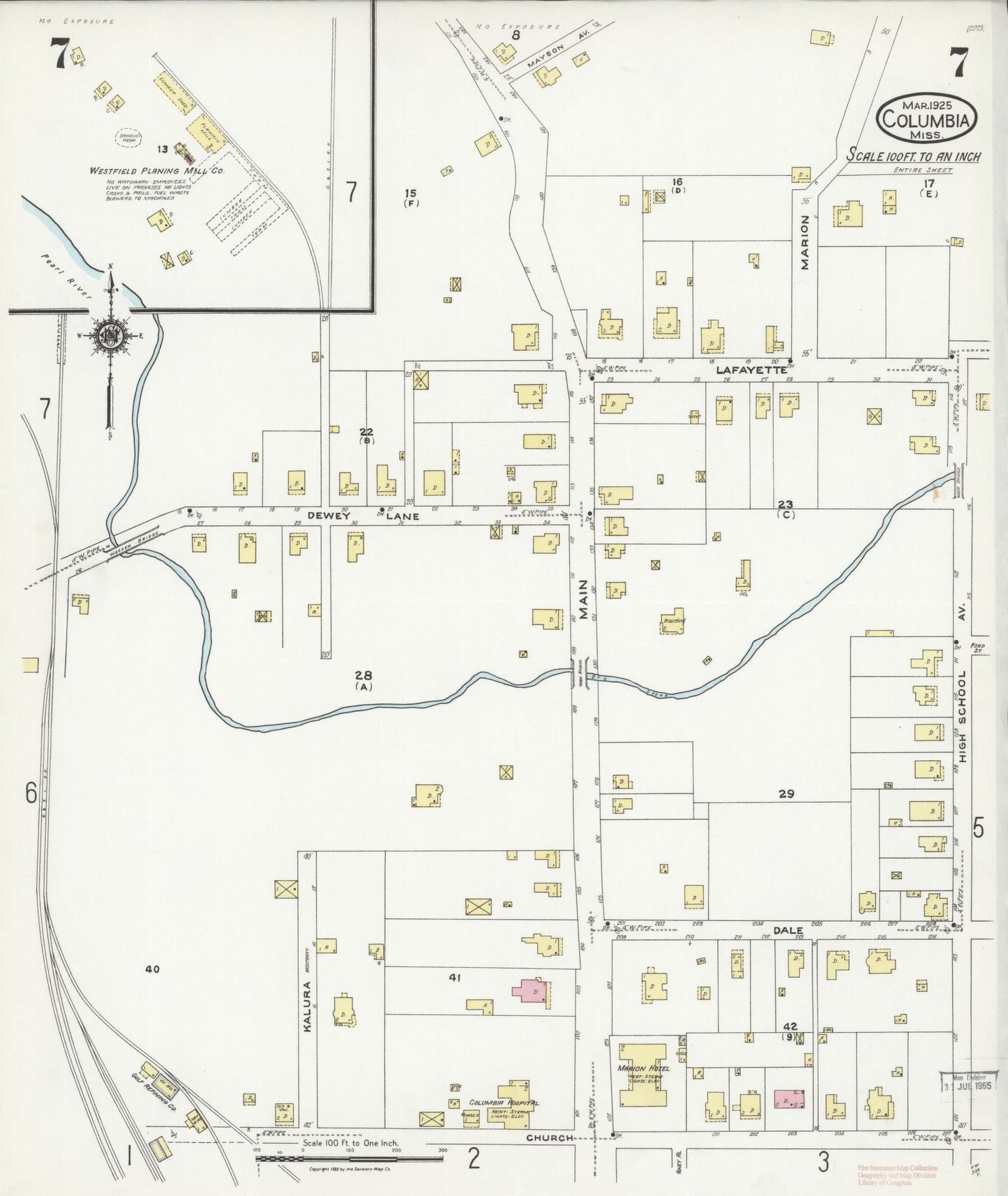 Sanborn Fire Insurance Map from Columbia, Marion County, Mississippi (1925), Sheet #0007 - Complete Map Set gallery image, historic Sanborn map, vintage wall art, Mississippi Mississippi