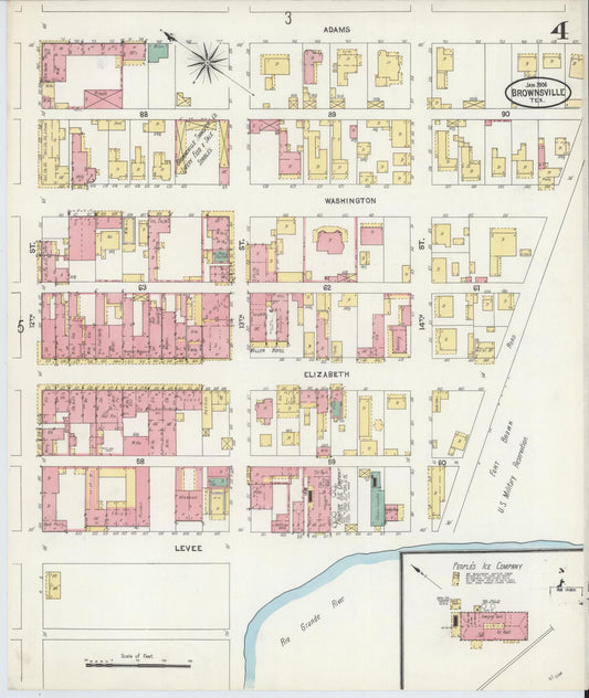 Sanborn Fire Insurance Map from Brownsville, Cameron County, Texas (1906), Sheet #0004 - Historic Sanborn Fire Insurance Map Print, vintage old map wall art, antique decor, genealogy gift, Texas Texas map