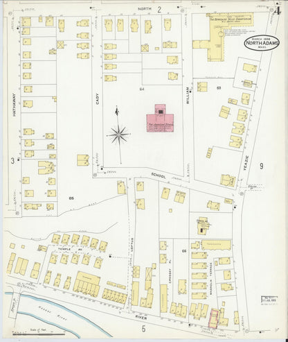 Sanborn Fire Insurance Map from North Adams, Berkshire County, Massachusetts (1908), Sheet #0004 - Historic Sanborn Fire Insurance Map Print, vintage old map wall art, antique decor, genealogy gift, Massachusetts Massachusetts map