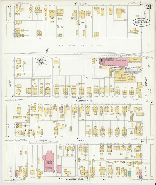 Sanborn Fire Insurance Map from Petersburg, Independent Cities, Virginia (1908), Sheet #0021 - Historic Sanborn Fire Insurance Map Print, vintage old map wall art, antique decor, genealogy gift, Virginia Virginia map