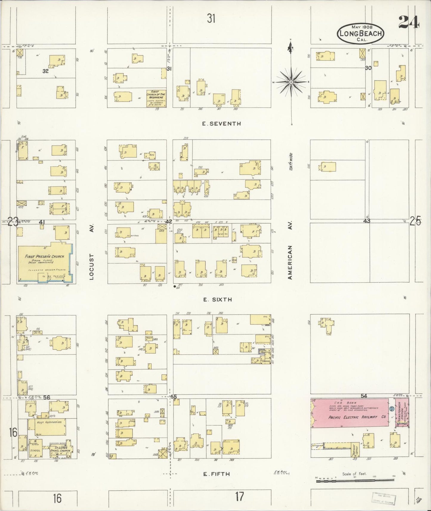 Sanborn Fire Insurance Map from Long Beach, Los Angeles County, California (1908), Sheet #0024 - Historic Sanborn Fire Insurance Map Print, vintage old map wall art, antique decor, genealogy gift, California California map