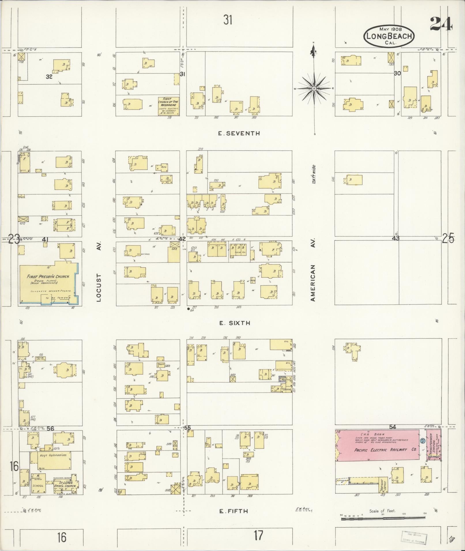 Sanborn Fire Insurance Map from Long Beach, Los Angeles County, California (1908), Sheet #0024 - Historic Sanborn Fire Insurance Map Print, vintage old map wall art, antique decor, genealogy gift, California California map