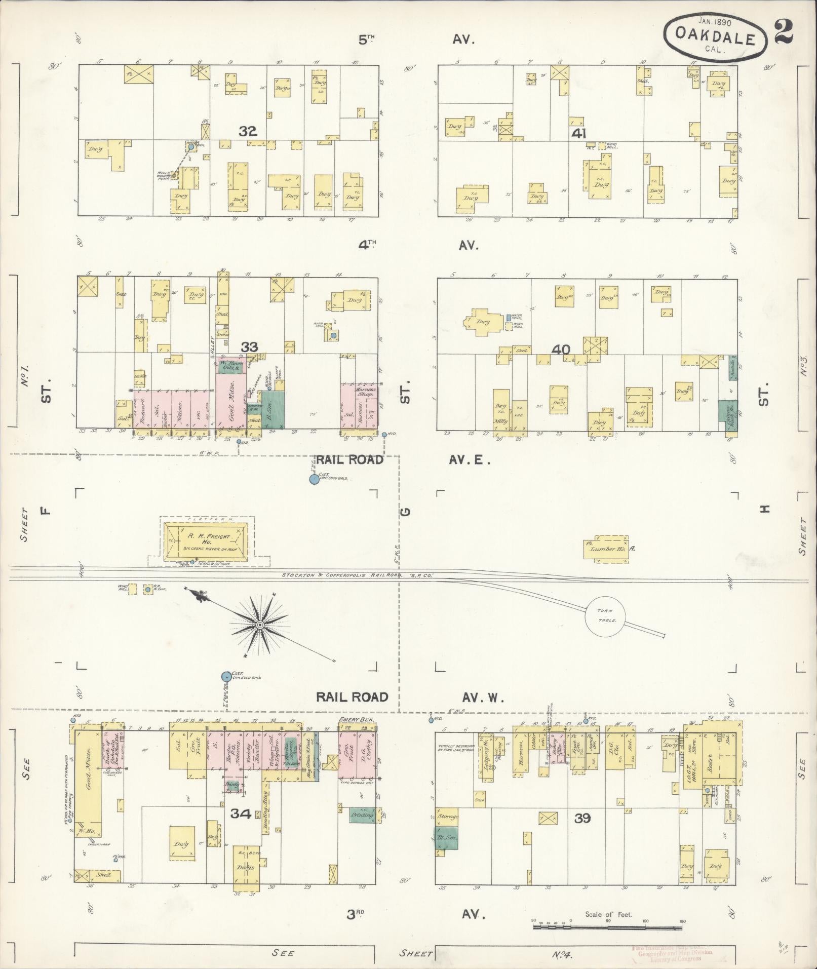 Sanborn Fire Insurance Map from Oakdale, Stanislaus County, California (1890), Sheet #0002 - Historic Sanborn Fire Insurance Map Print, vintage old map wall art, antique decor, genealogy gift, California California map