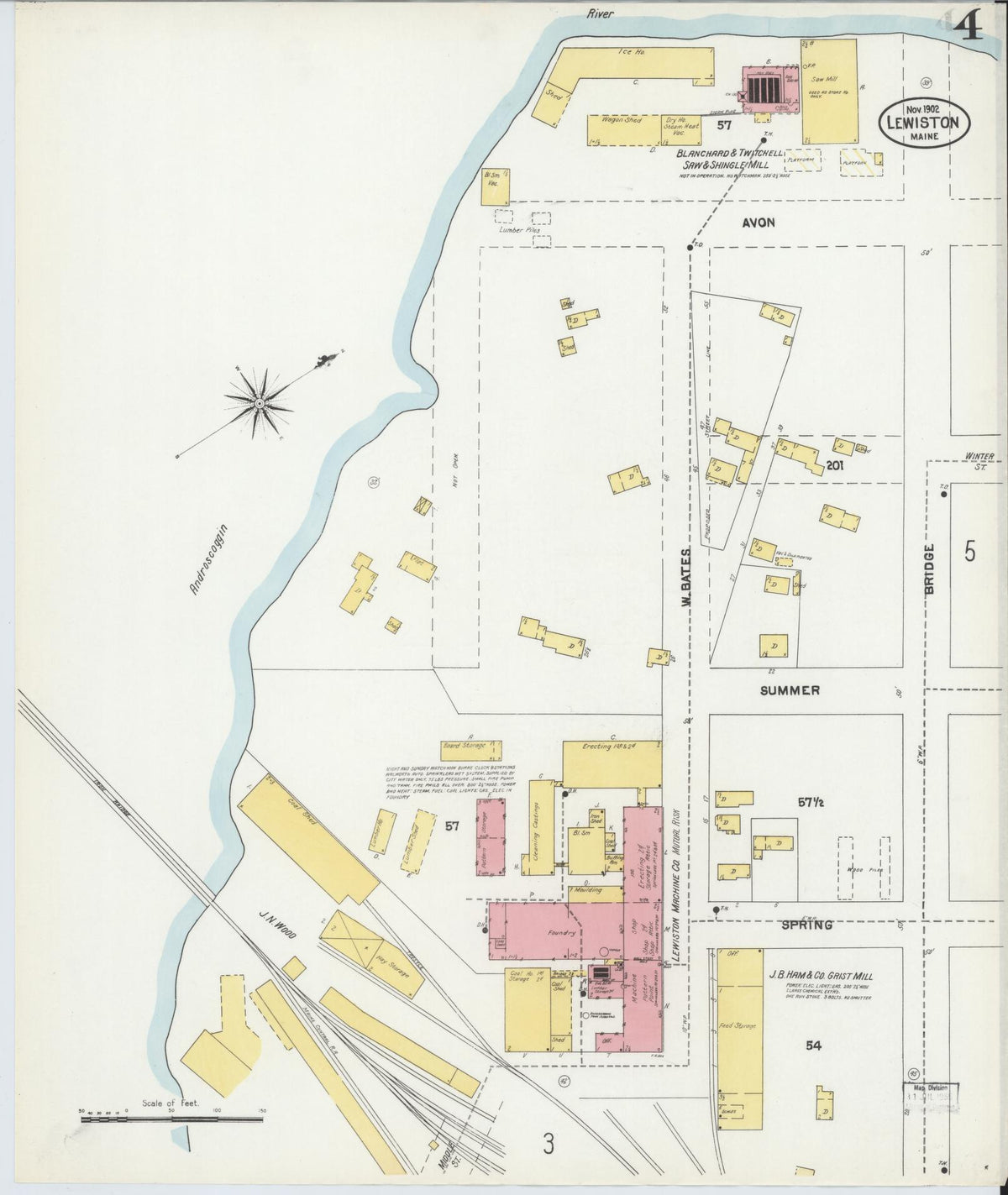 Sanborn Fire Insurance Map from Lewiston, Androscoggin County, Maine (1902), Sheet #0004 - Complete Map Set gallery image, historic Sanborn map, vintage wall art, Maine Maine