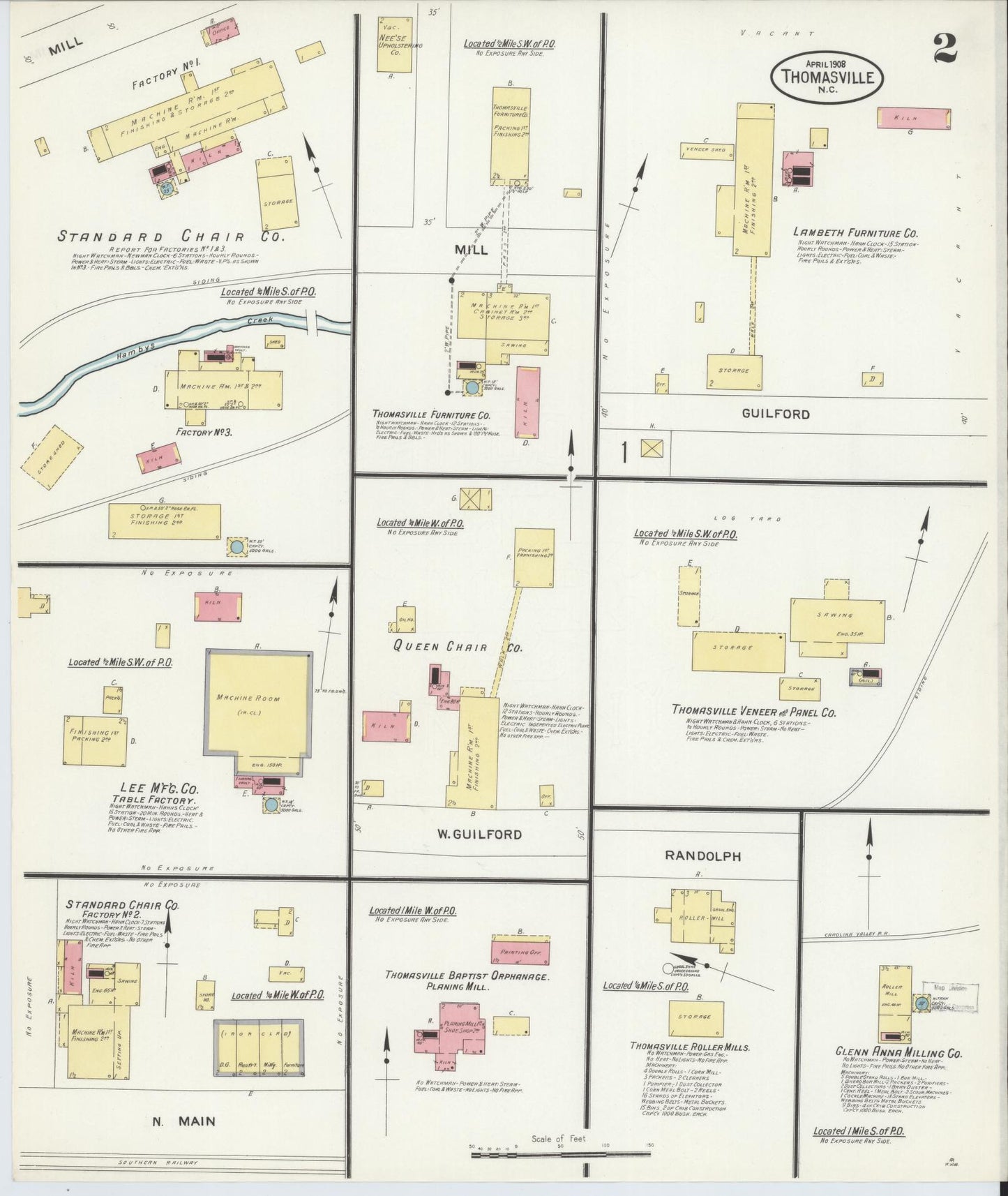 Sanborn Fire Insurance Map from Thomasville, Davidson County, North Carolina (1908), Sheet #0002 - Historic Sanborn Fire Insurance Map Print, vintage old map wall art, antique decor, genealogy gift, North Carolina North Carolina map