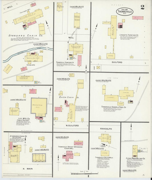Sanborn Fire Insurance Map from Thomasville, Davidson County, North Carolina (1908), Sheet #0002 - Historic Sanborn Fire Insurance Map Print, vintage old map wall art, antique decor, genealogy gift, North Carolina North Carolina map