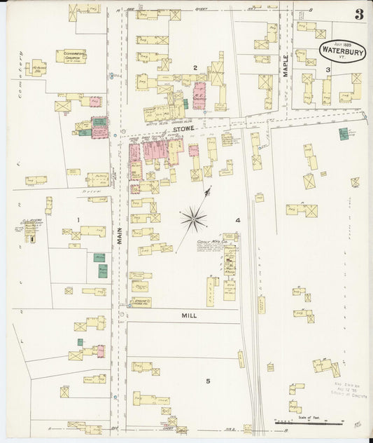Sanborn Fire Insurance Map from Waterbury, Washington County, Vermont (1889), Sheet #0003 - Historic Sanborn Fire Insurance Map Print, vintage old map wall art, antique decor, genealogy gift, Vermont Vermont map