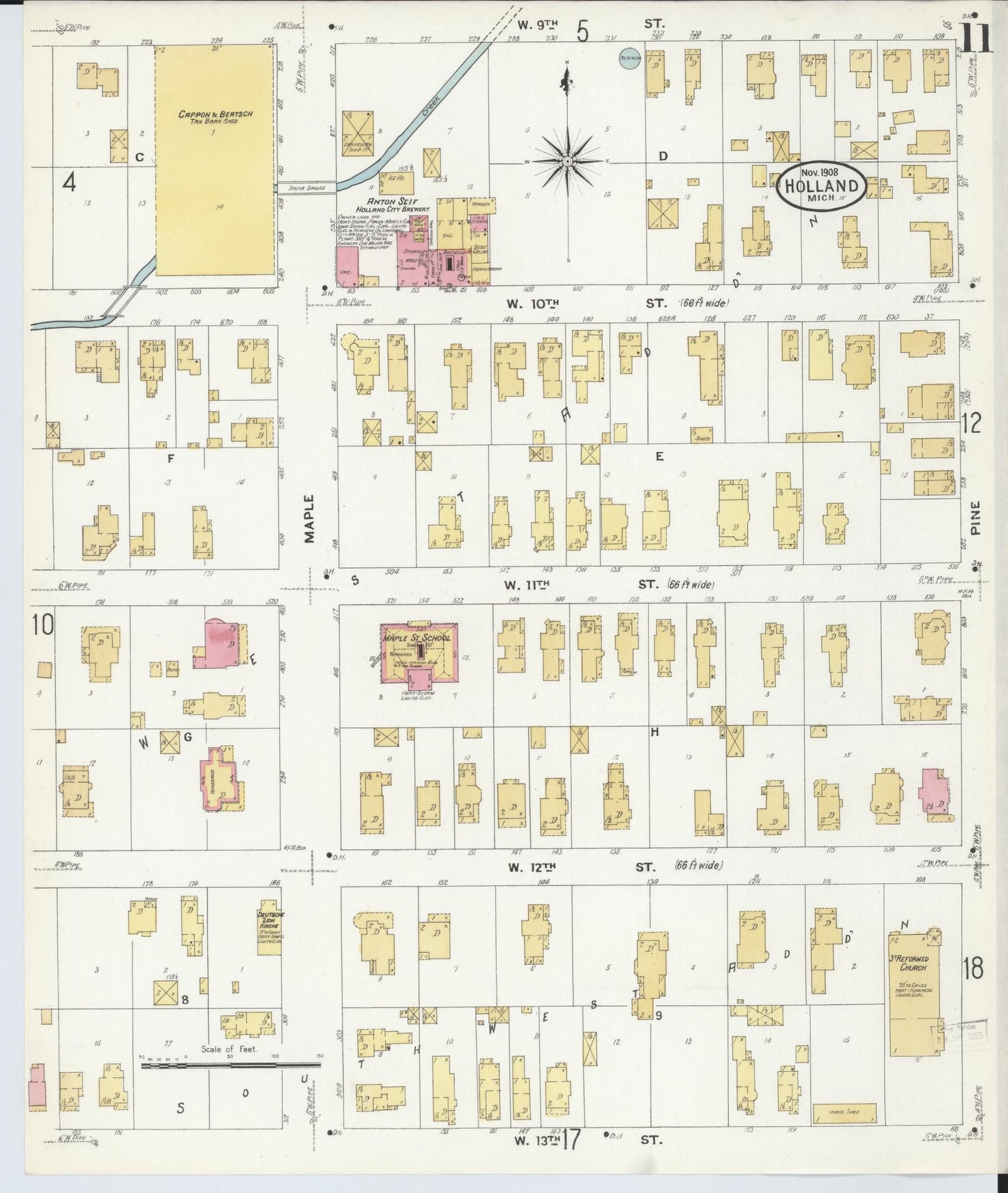 Sanborn Fire Insurance Map from Holland, Ottawa County, Michigan (1908), Sheet #0011 - Complete Map Set gallery image, historic Sanborn map, vintage wall art, Michigan Michigan