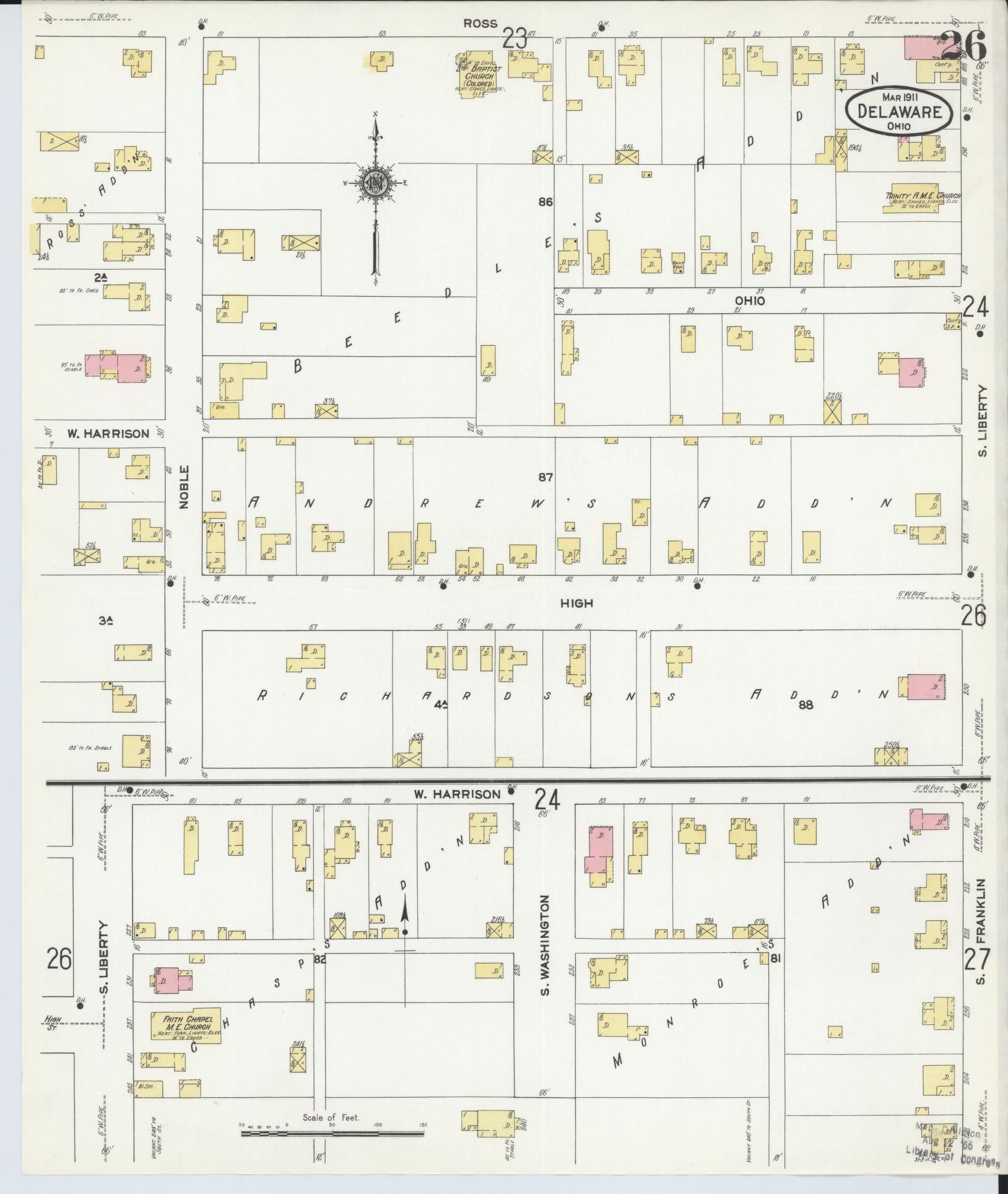 Sanborn Fire Insurance Map from Delaware, Delaware County, Ohio (1911), Sheet #0026 - Historic Sanborn Fire Insurance Map Print, vintage old map wall art, antique decor, genealogy gift, Sanborn Fire Insurance Map from Delaware Delaware map